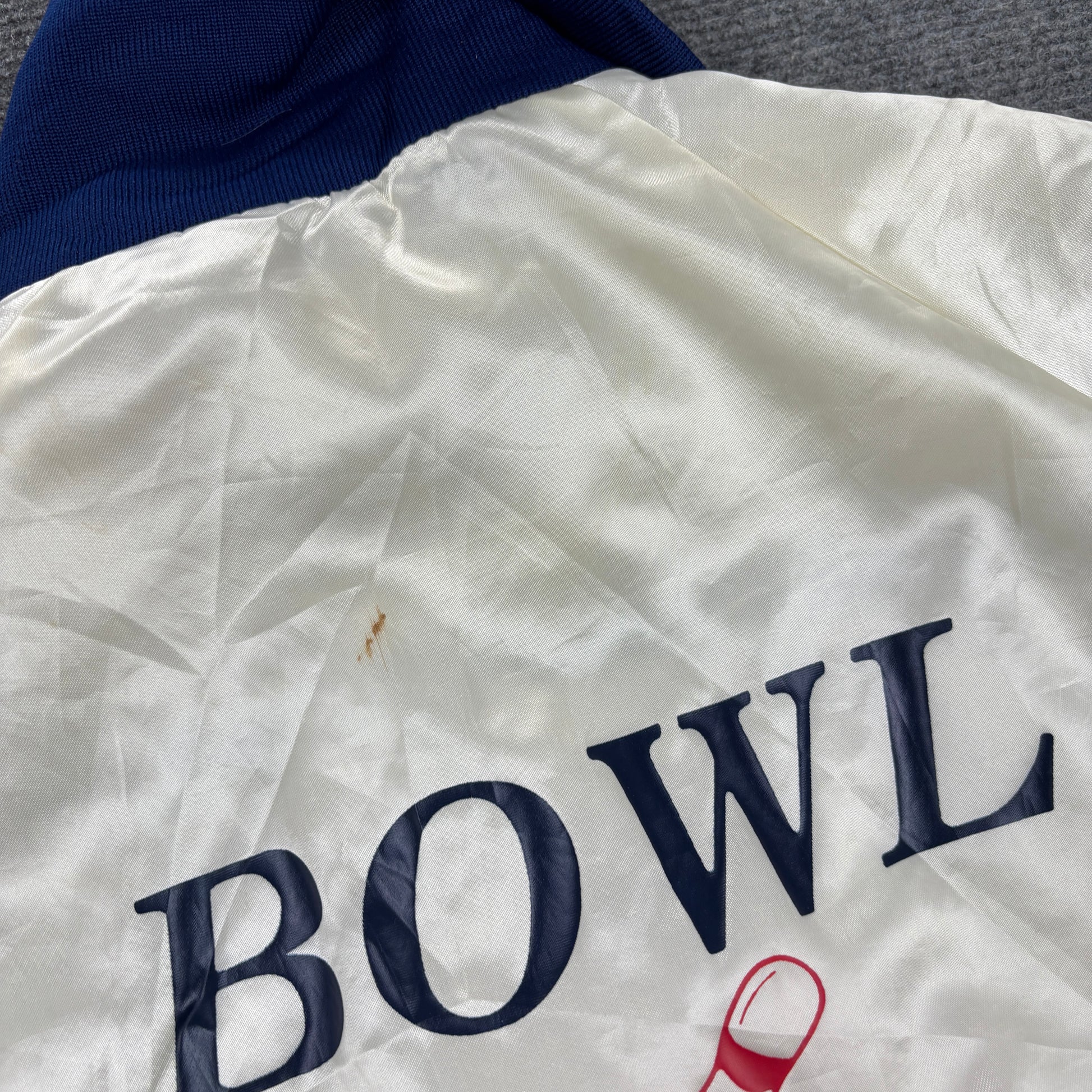 Vintage 90s Satin Bomber King Louie Bowling Jacket Size Medium Unisex White Cuffed