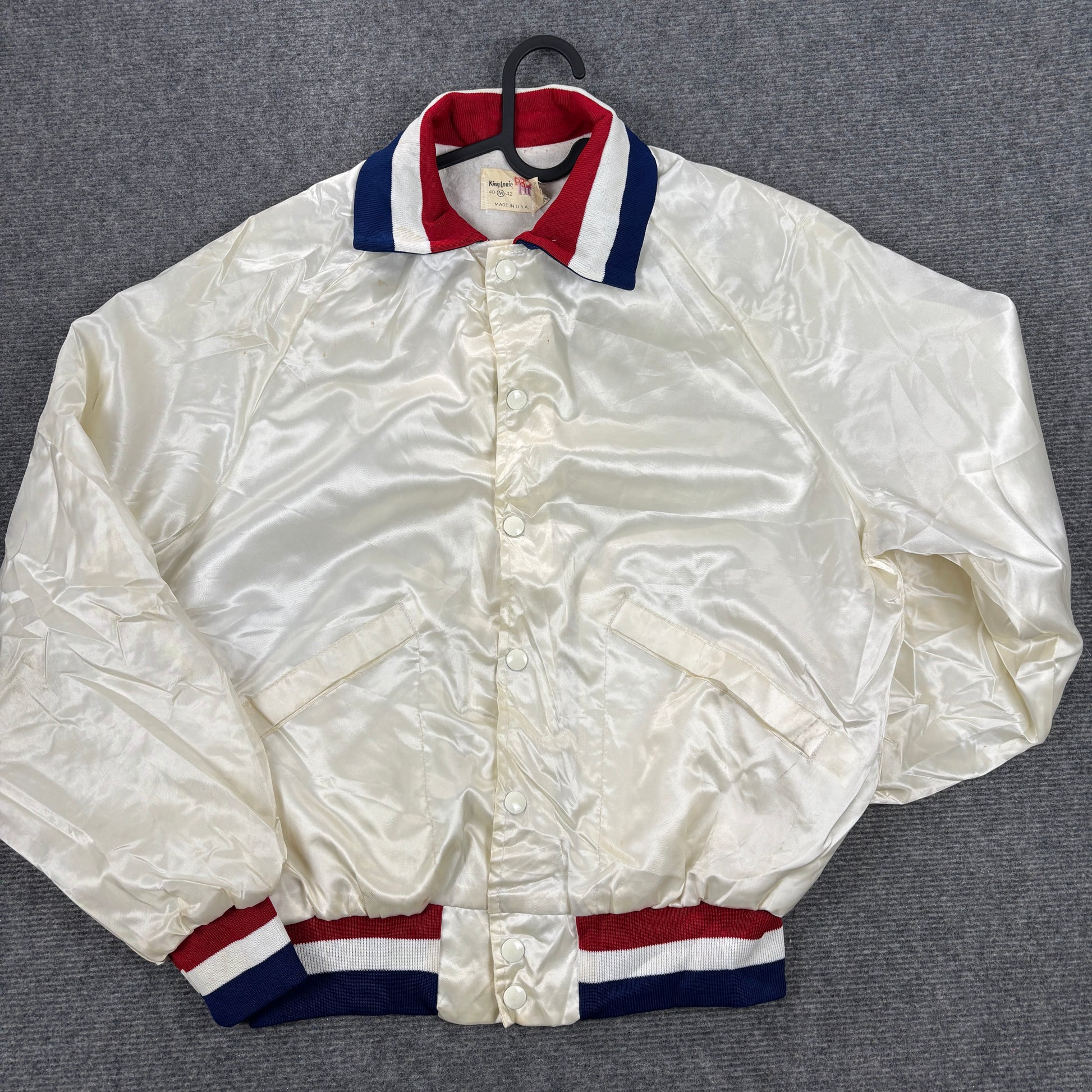 Vintage 90s Satin Bomber King Louie Bowling Jacket Size Medium Unisex White Cuffed