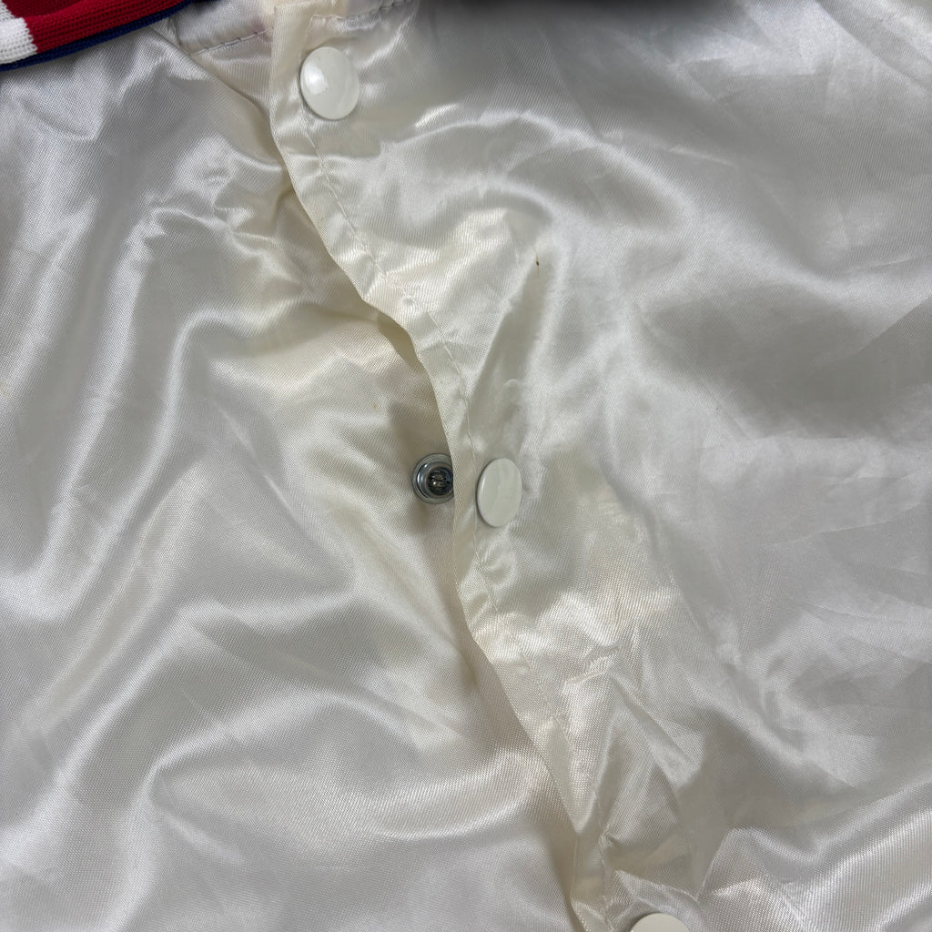 Vintage 90s Satin Bomber King Louie Bowling Jacket Size Medium Unisex White Cuffed
