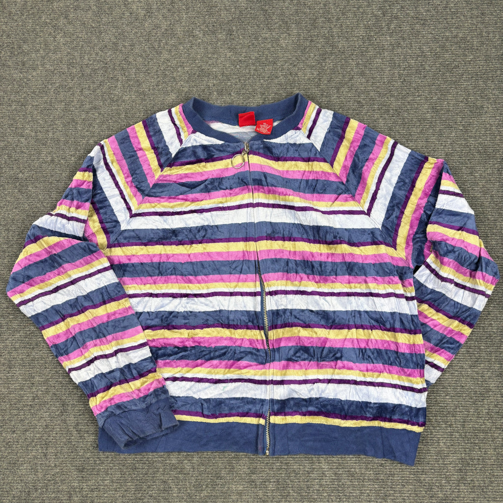 Y2K Mossimo Velour Jumper Women's Small Striped Multi Colour Zip Up