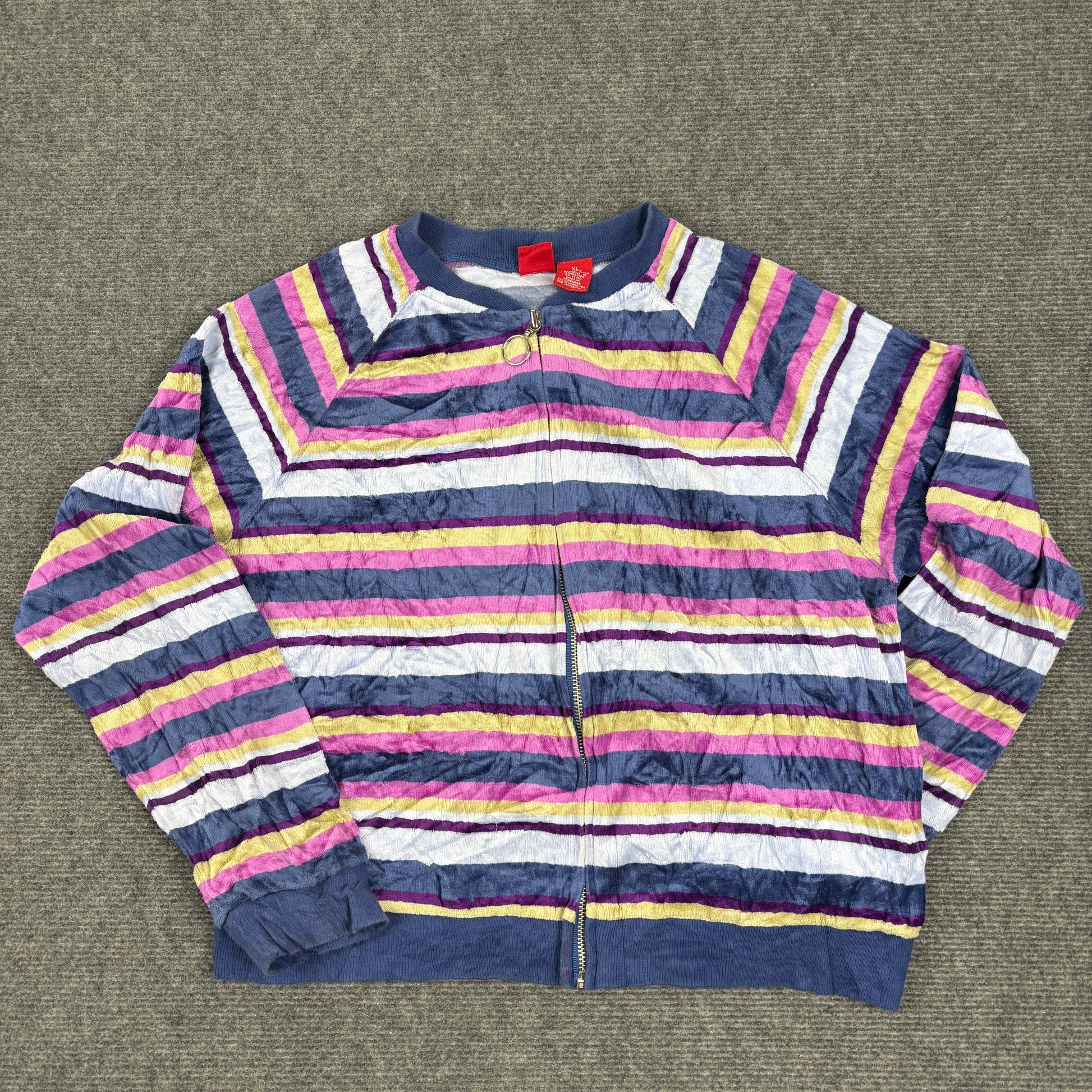 Y2K Mossimo Velour Jumper Women's Small Striped Multi Colour Zip Up