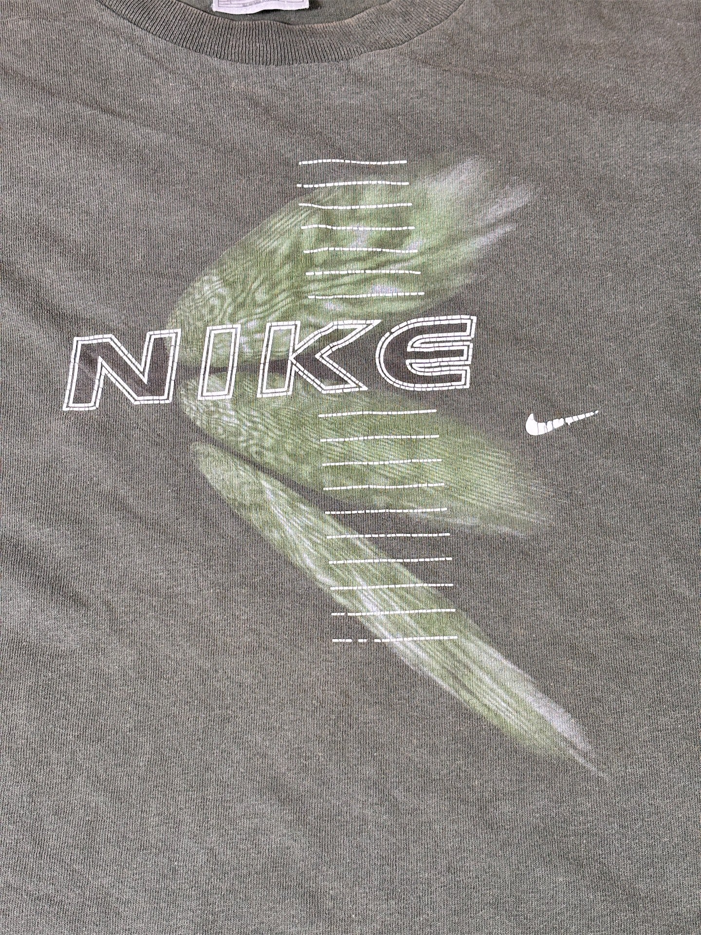 Vintage 90s Nike T-Shirt Men’s L Green Y2K Style Spell Out Logo Cotton Crew Neck