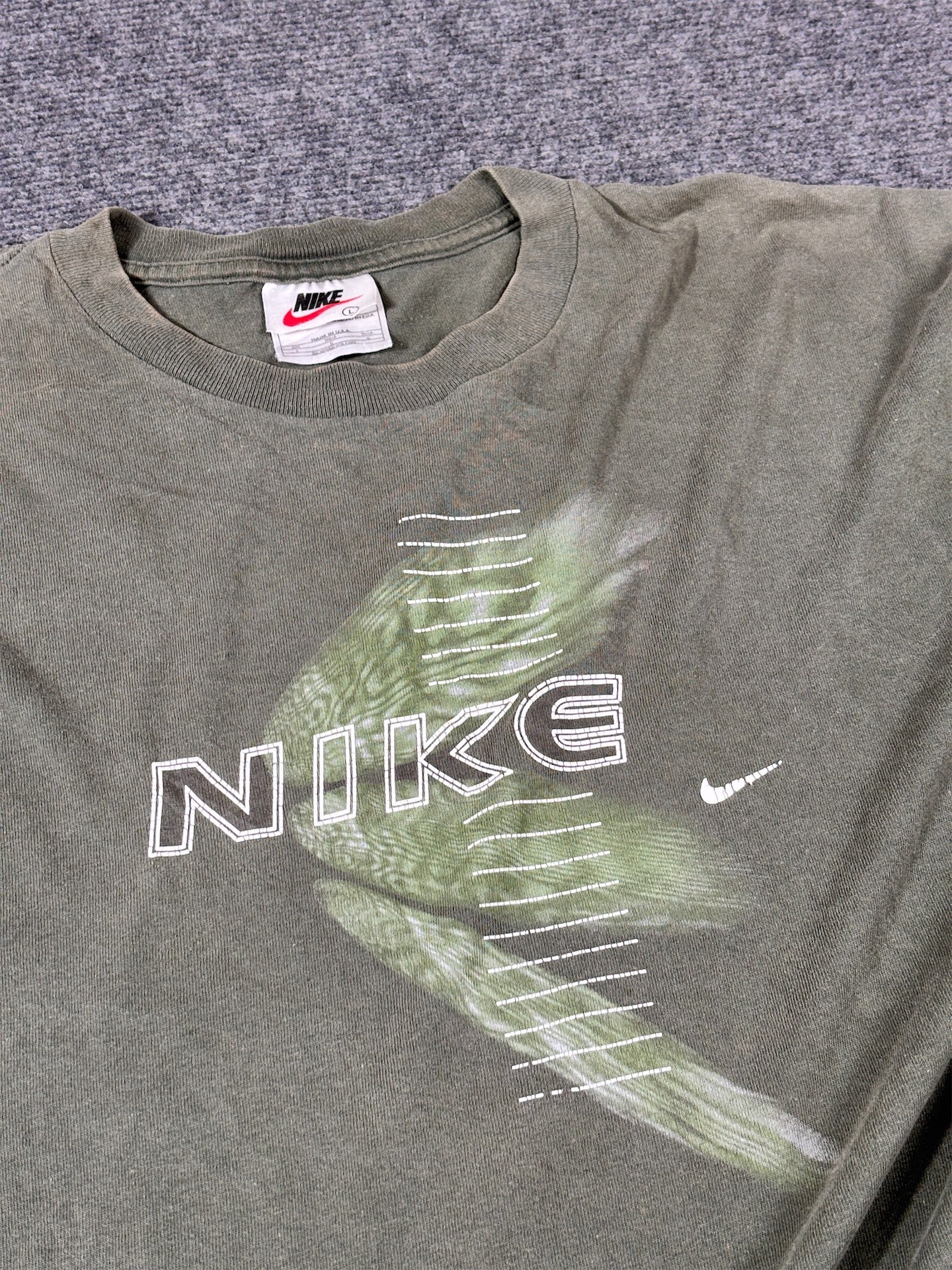 Vintage 90s Nike T-Shirt Men’s L Green Y2K Style Spell Out Logo Cotton Crew Neck