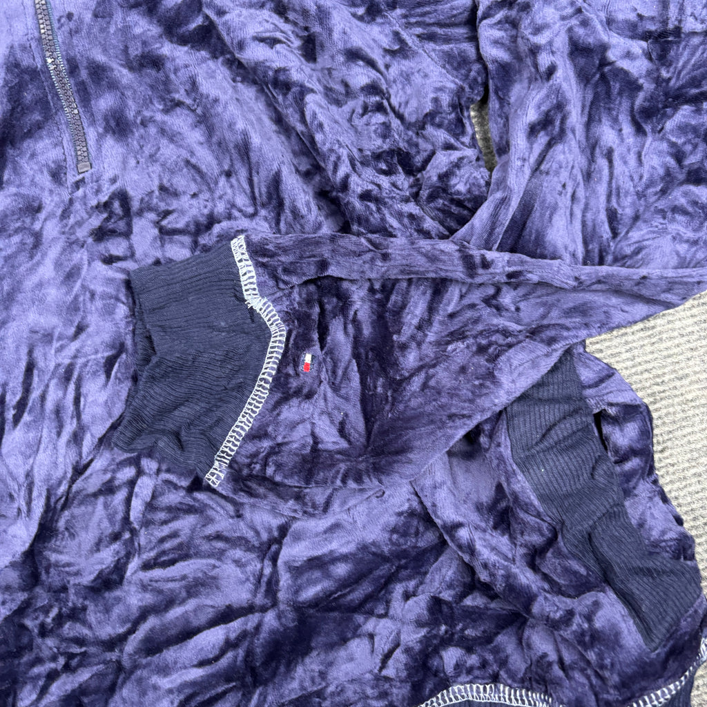 2000s Tommy Hilfiger Velour Hoodie Women's Small Navy Blue Jumper