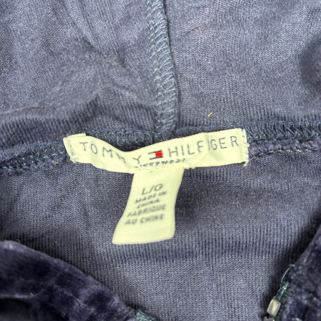 2000s Tommy Hilfiger Velour Hoodie Women's Small Navy Blue Jumper