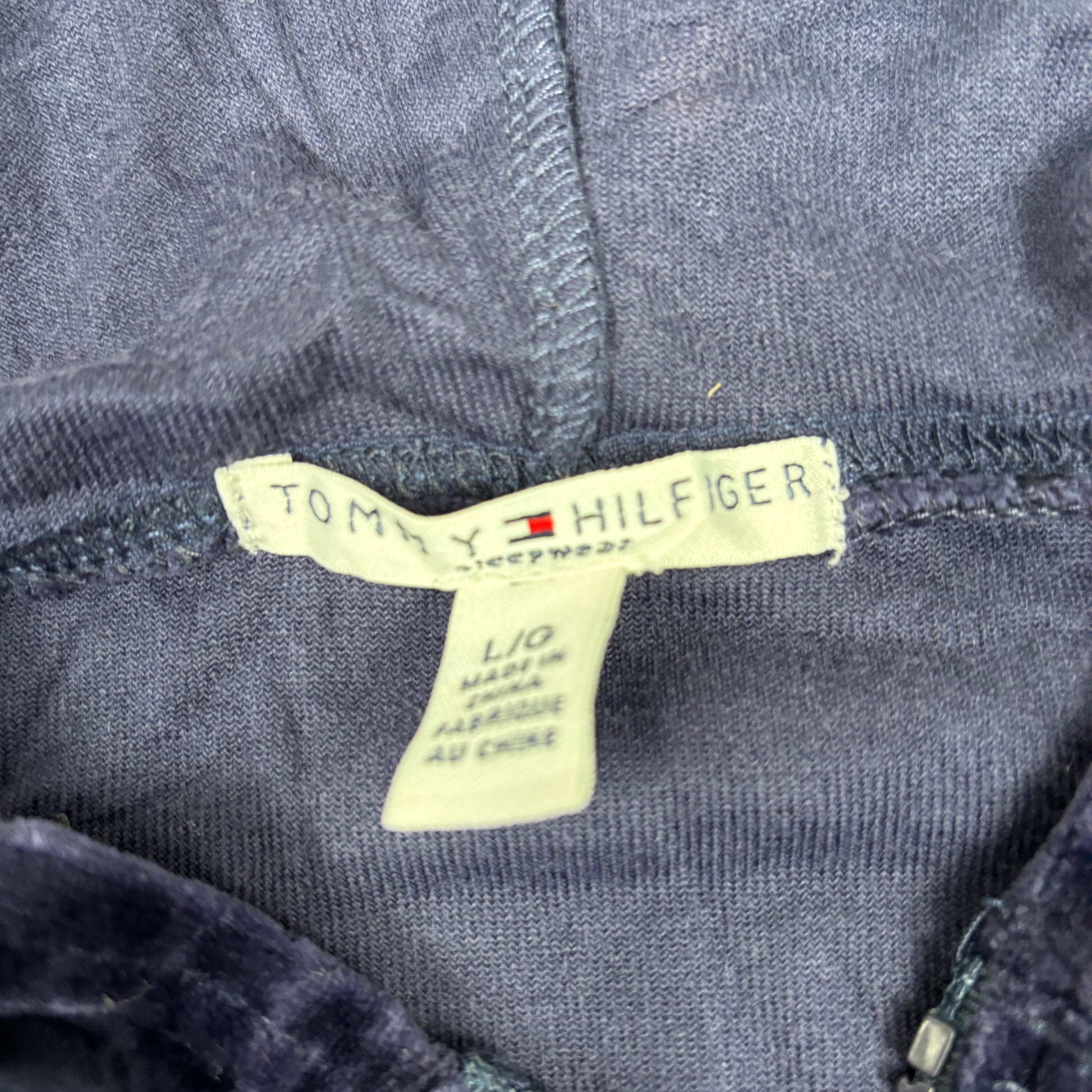2000s Tommy Hilfiger Velour Hoodie Women's Small Navy Blue Jumper
