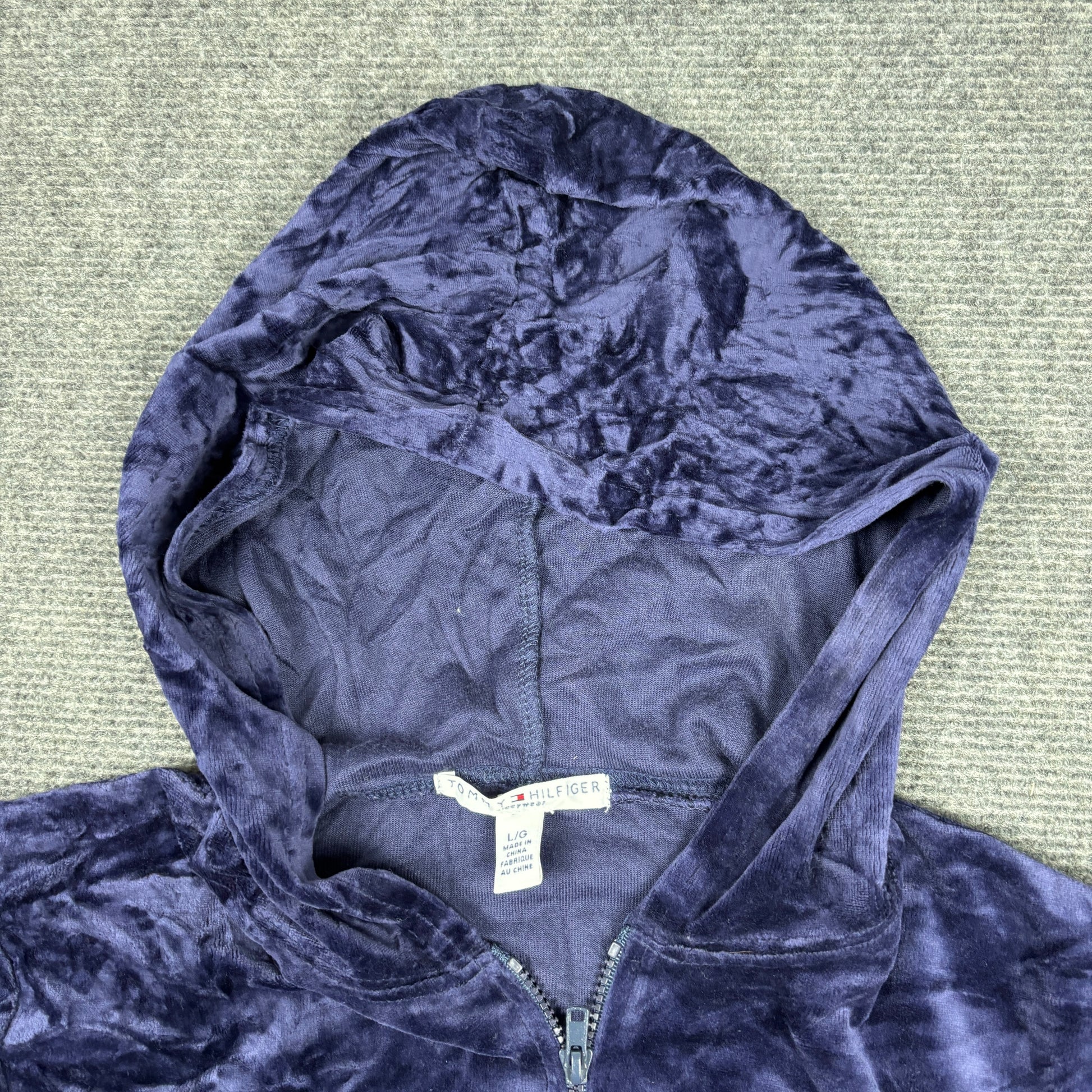 2000s Tommy Hilfiger Velour Hoodie Women's Small Navy Blue Jumper