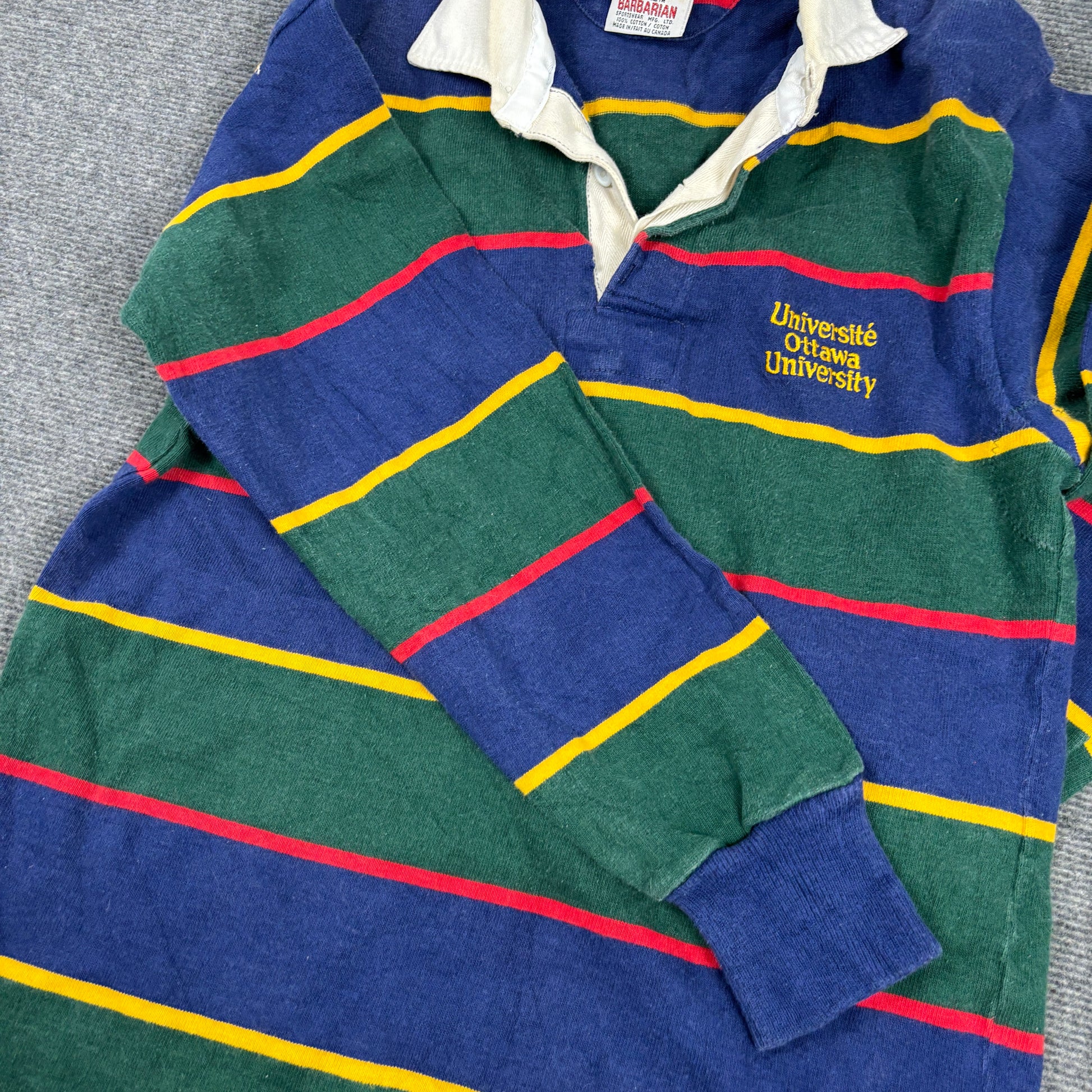 Vintage Barbarian Rugby Shirt Men's Medium Striped Blue Green Ottowa University