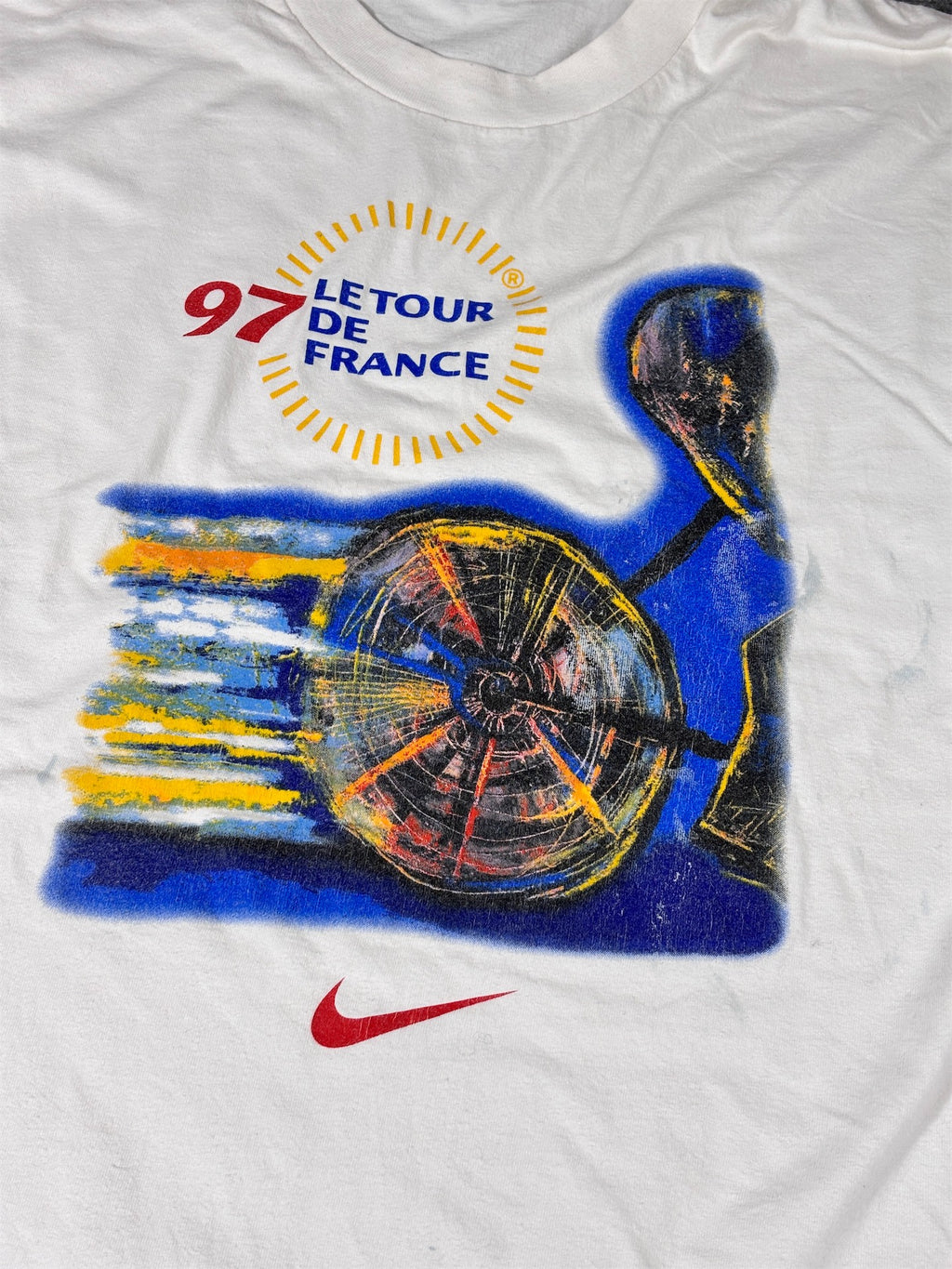 Vintage 90s Nike Tour De France T-Shirt Men’s XL White Cotton 1997 Crew Neck