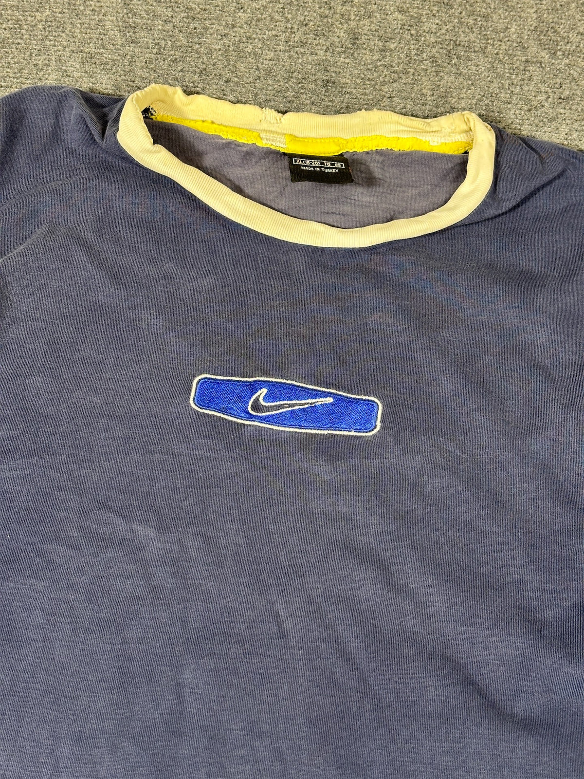 Vintage 90s Nike Ringer T-Shirt Women’s S Navy Blue Embroidered Logo Distressed Faded