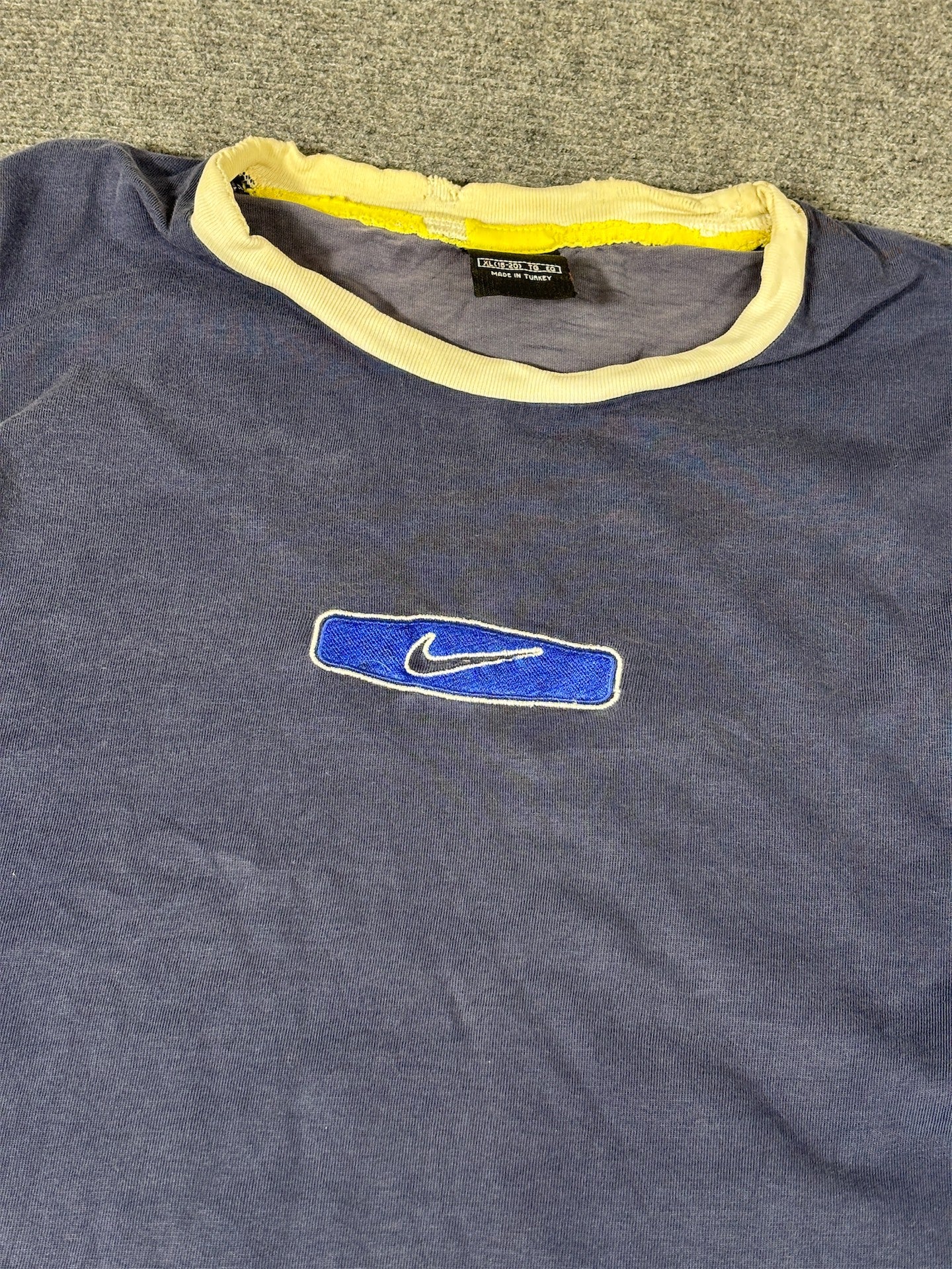 Vintage 90s Nike Ringer T-Shirt Women’s S Navy Blue Embroidered Logo Distressed Faded
