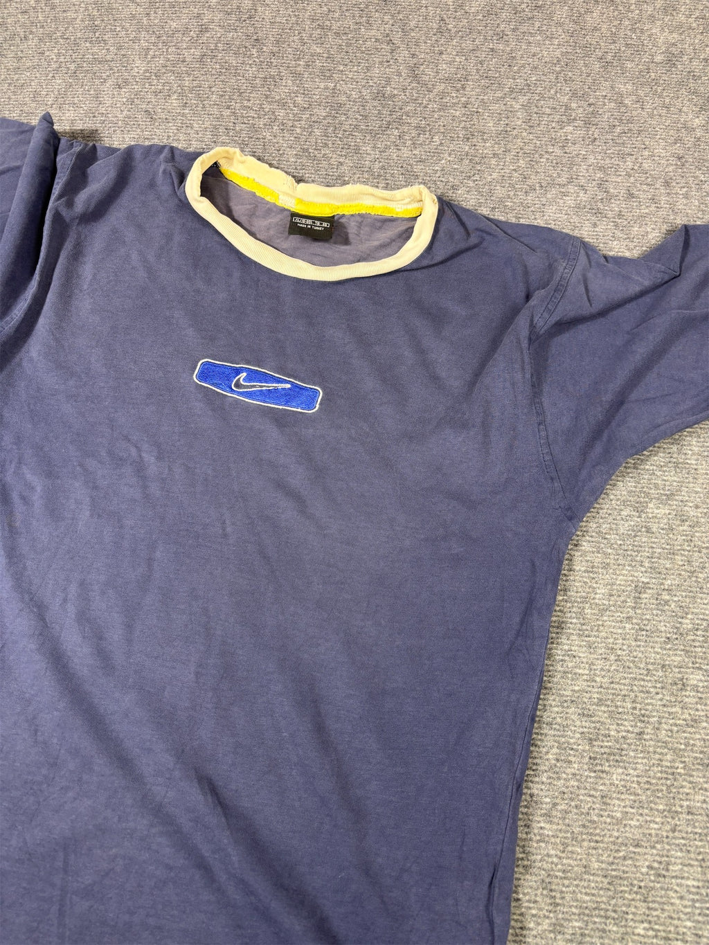 Vintage 90s Nike Ringer T-Shirt Women’s S Navy Blue Embroidered Logo Distressed Faded