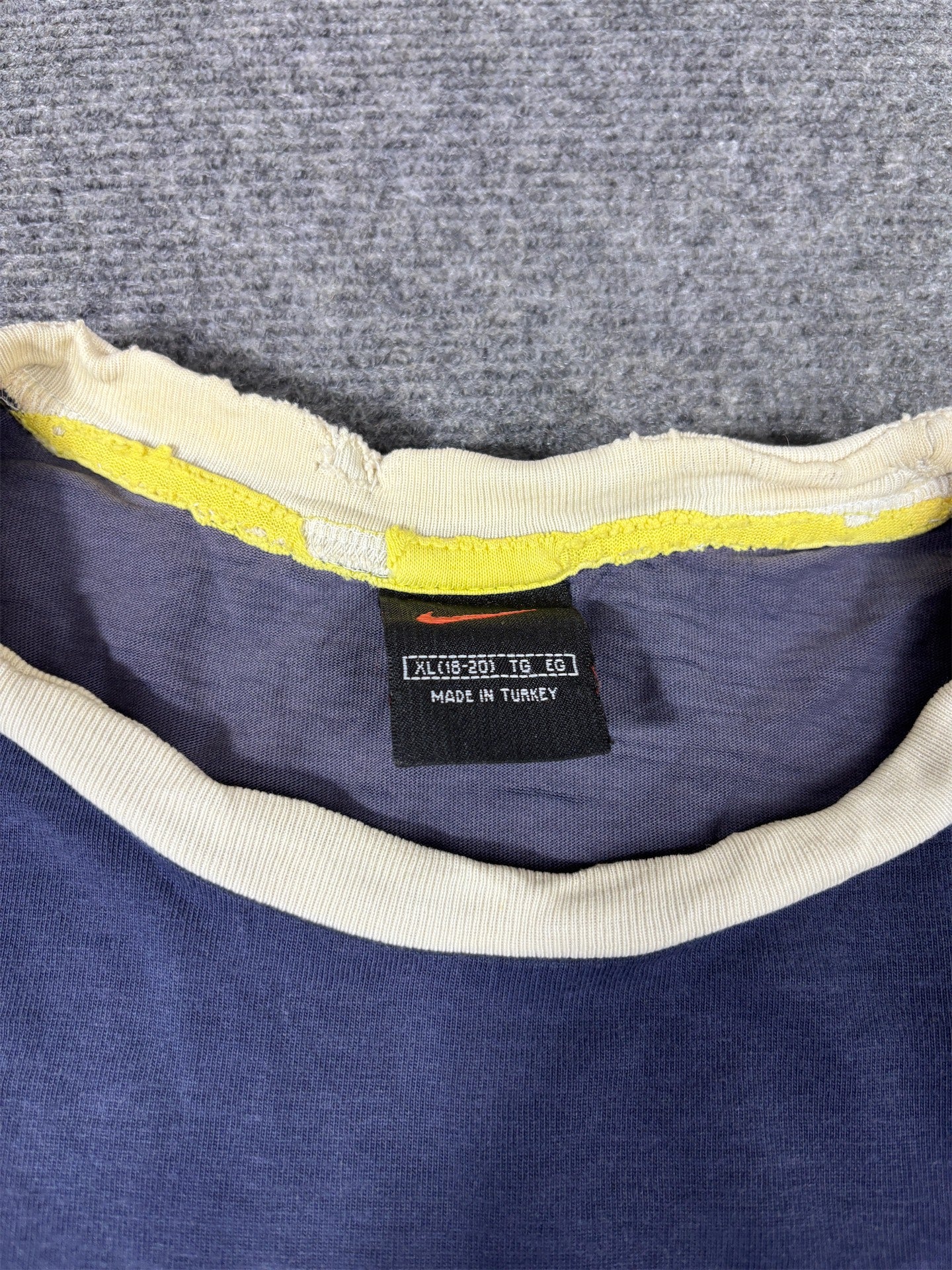 Vintage 90s Nike Ringer T-Shirt Women’s S Navy Blue Embroidered Logo Distressed Faded