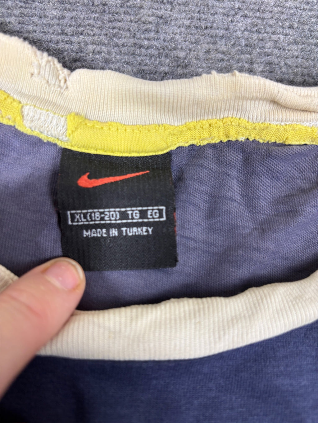 Vintage 90s Nike Ringer T-Shirt Women’s S Navy Blue Embroidered Logo Distressed Faded