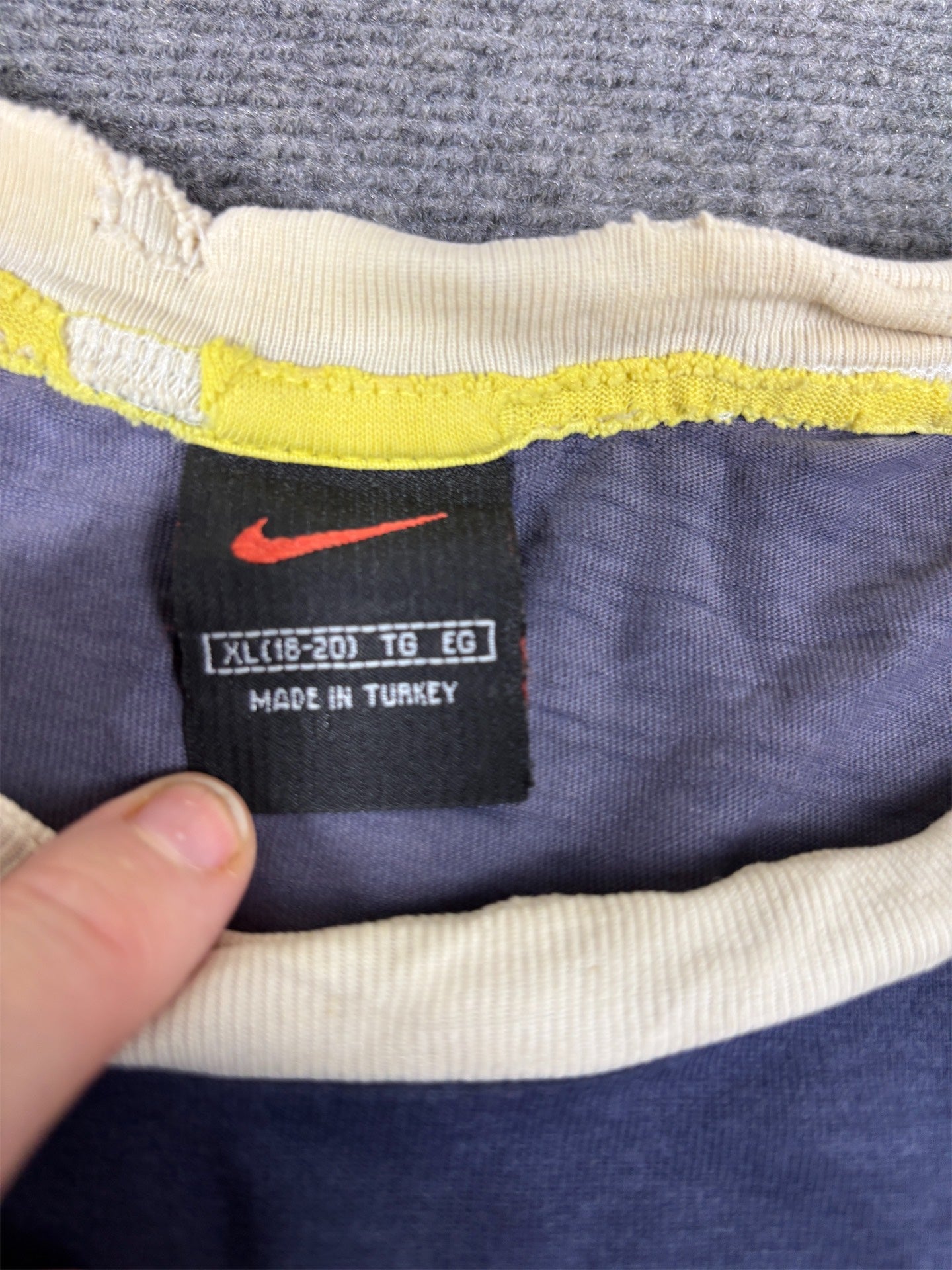 Vintage 90s Nike Ringer T-Shirt Women’s S Navy Blue Embroidered Logo Distressed Faded