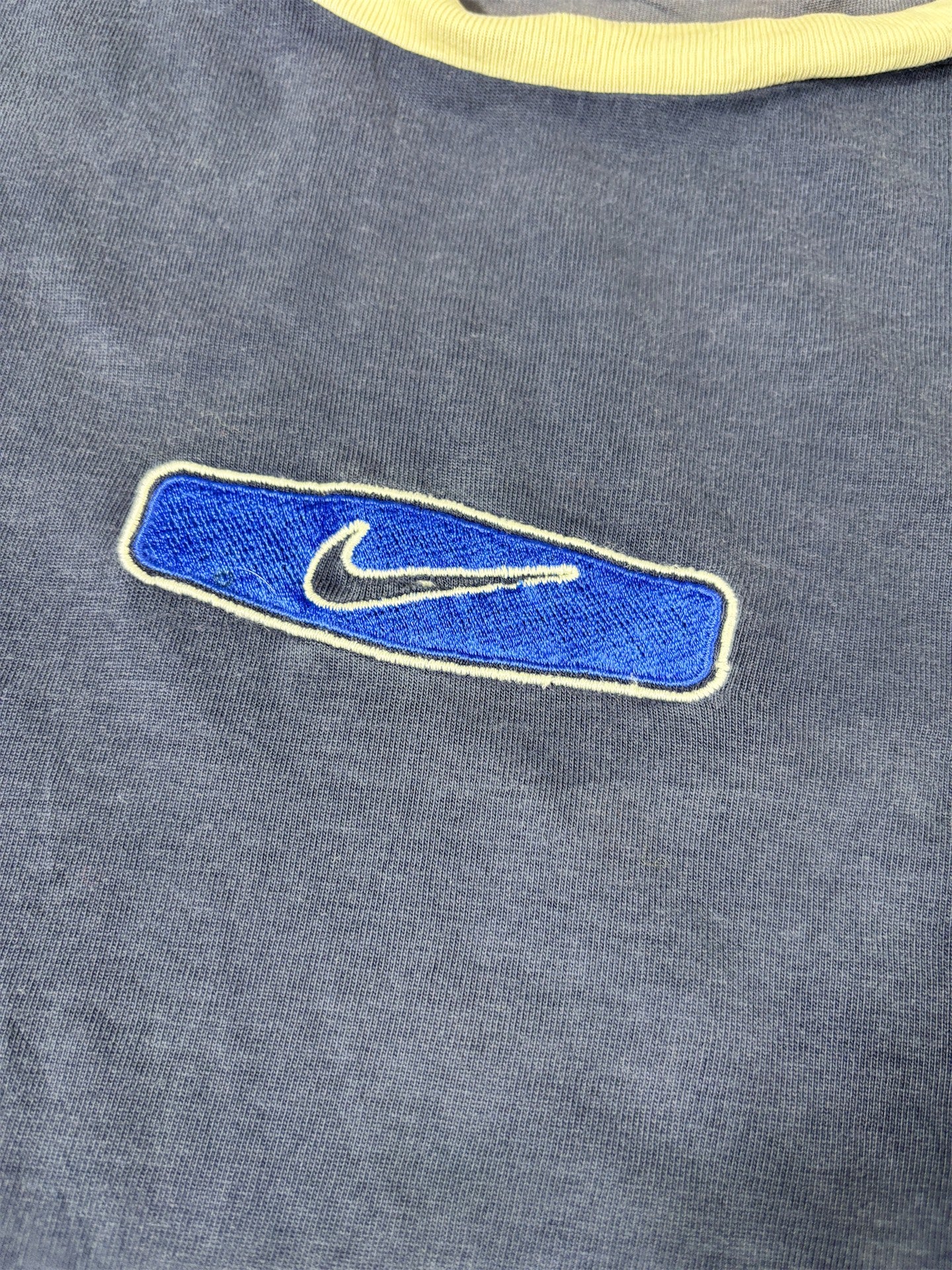 Vintage 90s Nike Ringer T-Shirt Women’s S Navy Blue Embroidered Logo Distressed Faded