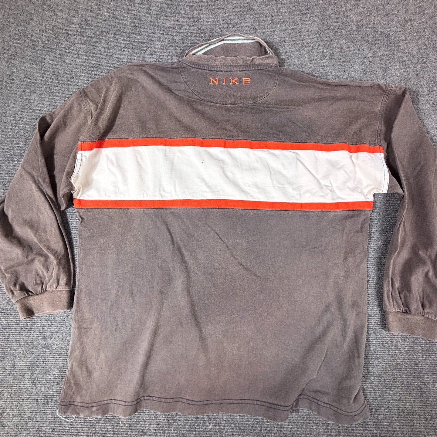 Vintage 90s Nike Rugby Polo Shirt Men’s M Brown Orange Chest Swoosh Back Spell Out