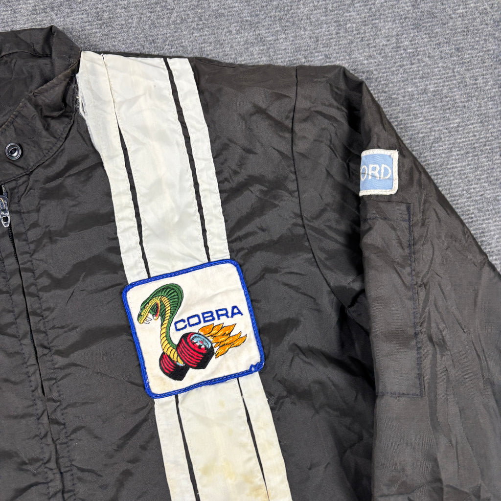 Vintage 70s Ford Mustang Cobra Racing Jacket Men's XL Black White Patch Windbreaker