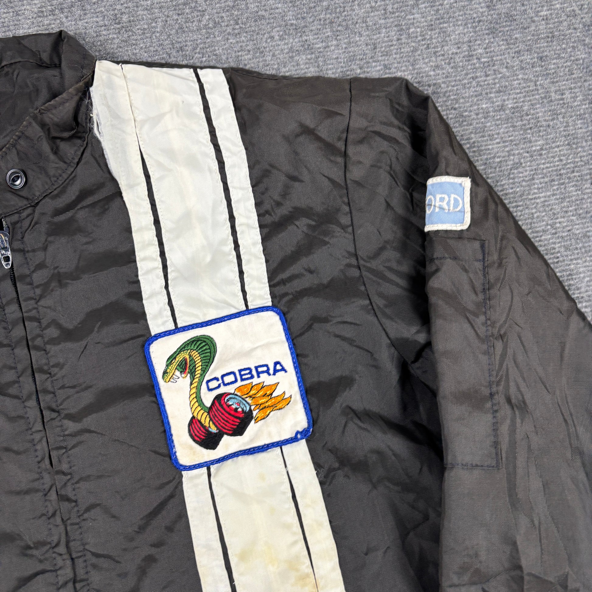 Vintage 70s Ford Mustang Cobra Racing Jacket Men's XL Black White Patch Windbreaker