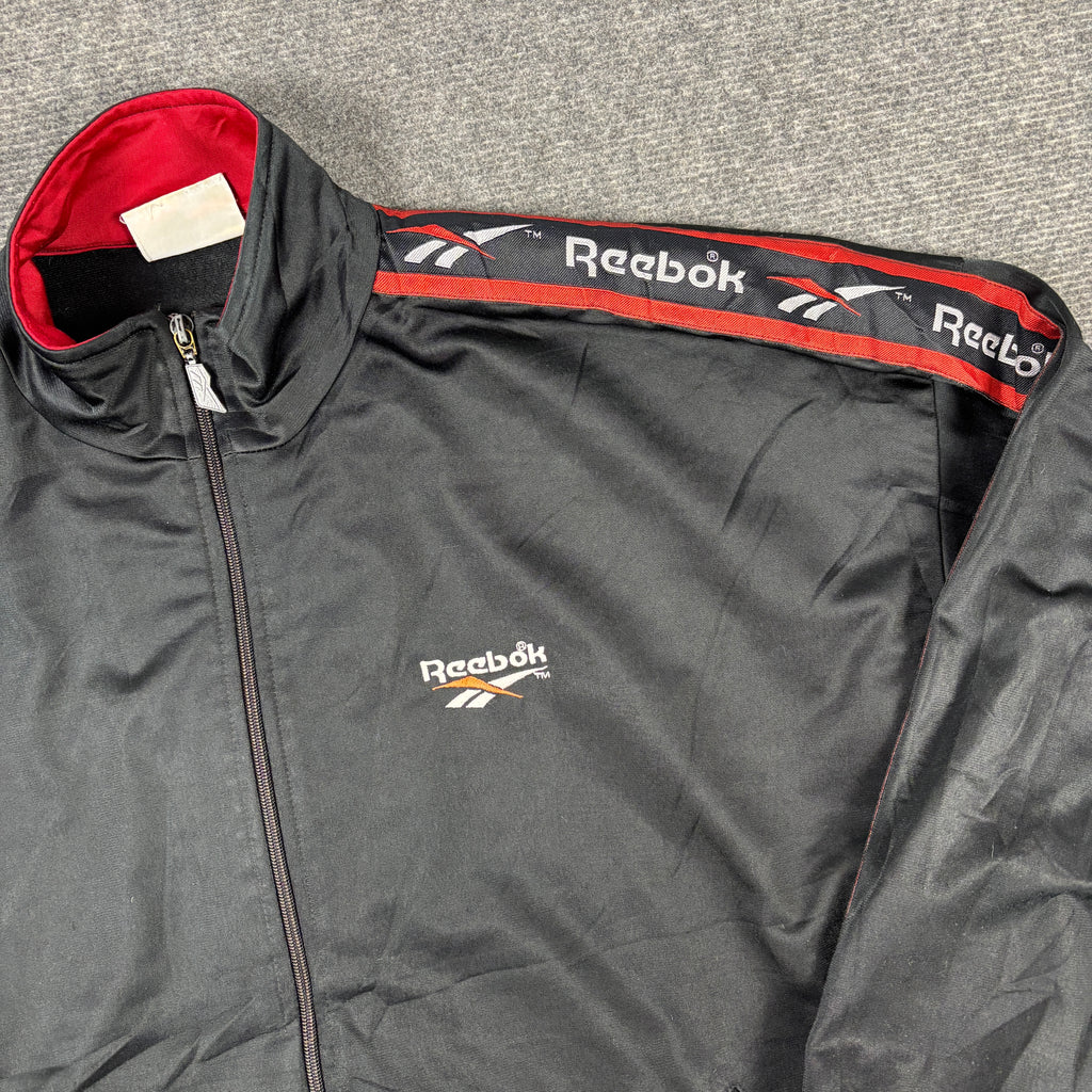 Vintage 90s Reebok Jacket Men's XL Black Red Sleeve Tape Logo