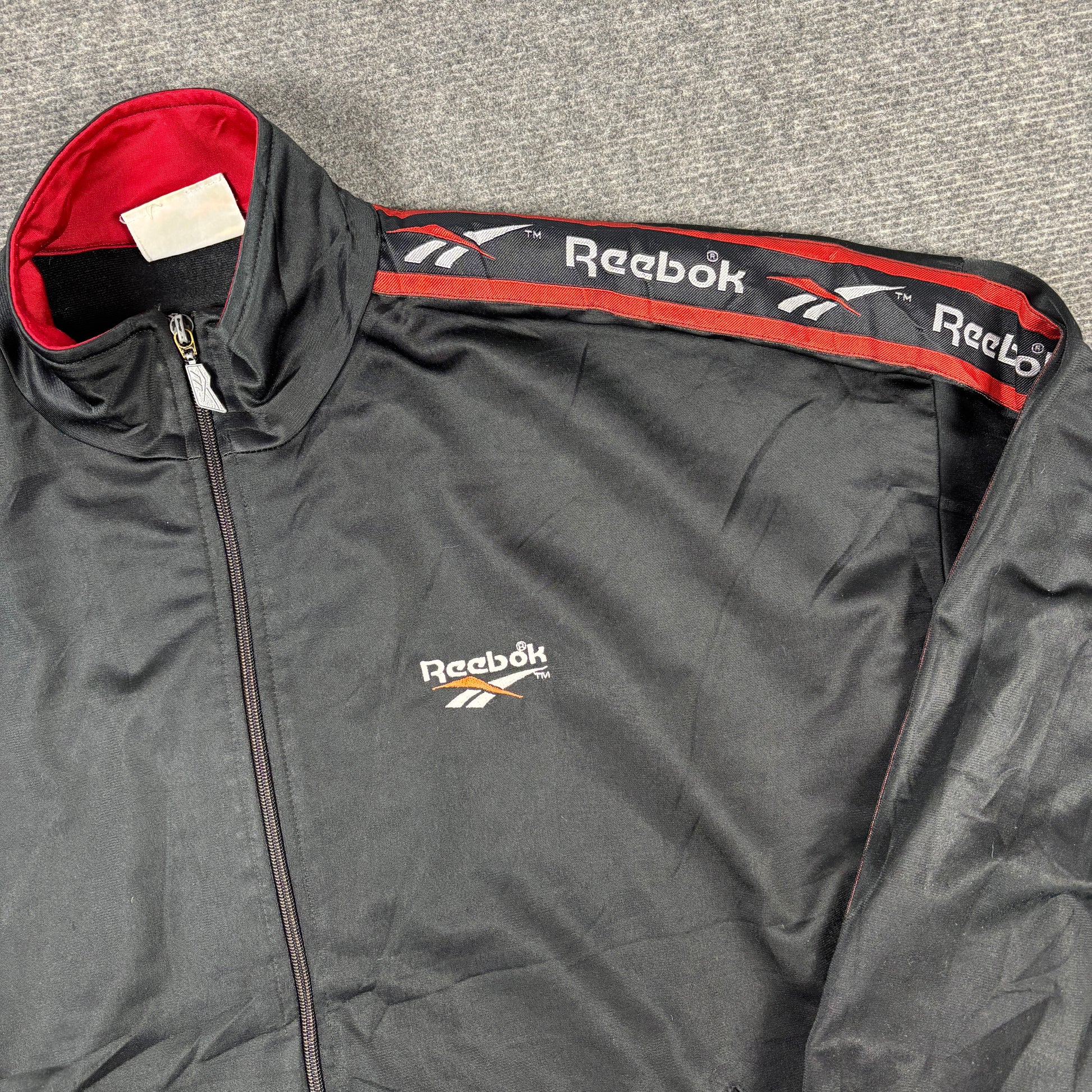 Vintage 90s Reebok Jacket Men's XL Black Red Sleeve Tape Logo