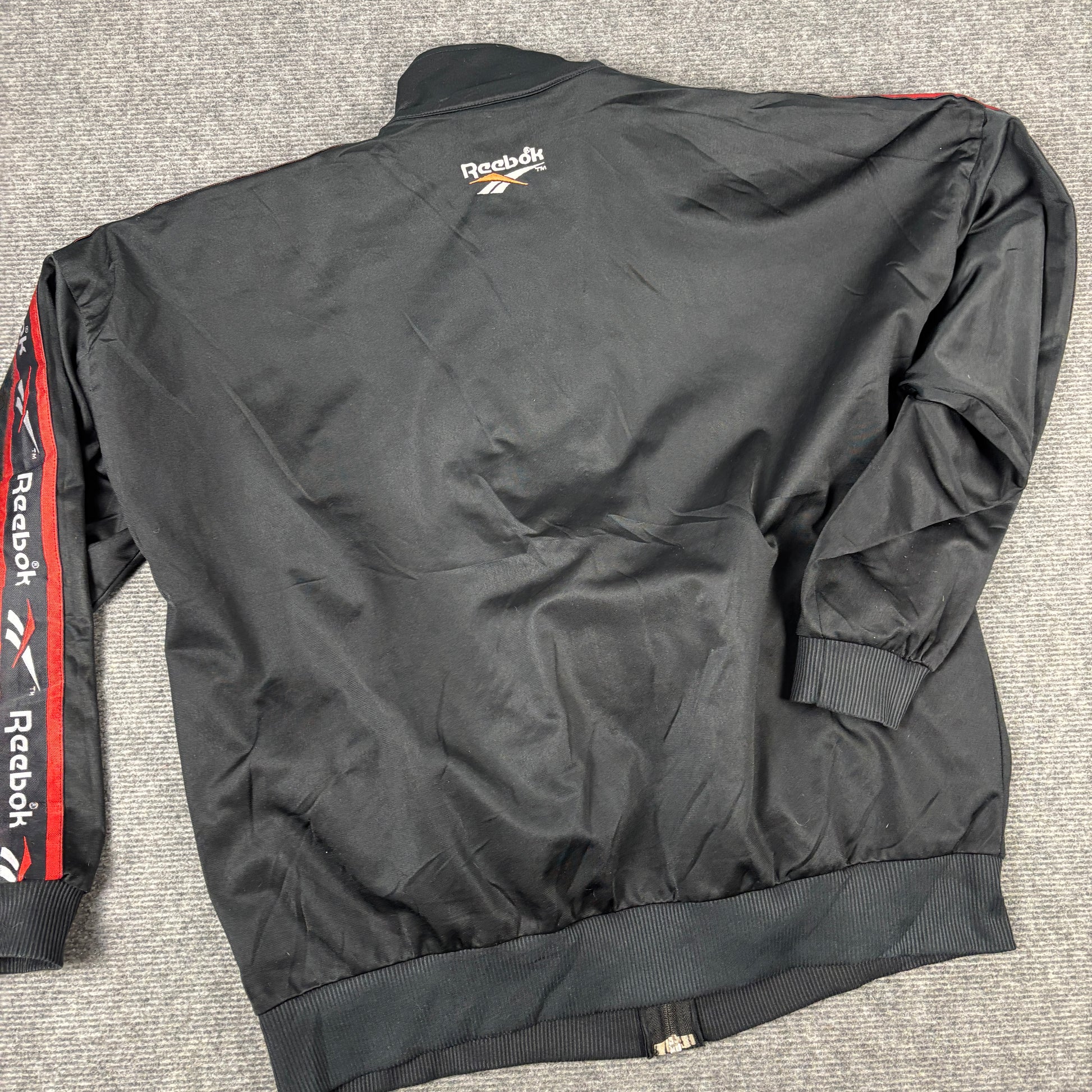 Vintage 90s Reebok Jacket Men's XL Black Red Sleeve Tape Logo