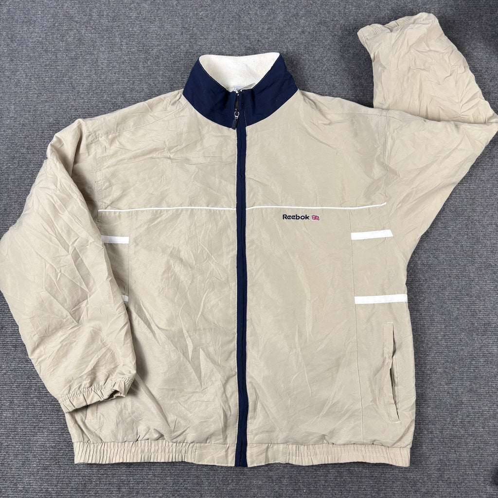 Vintage 90s Reebok Jacket Men's Large Cream Spell Out Logo Windbreaker