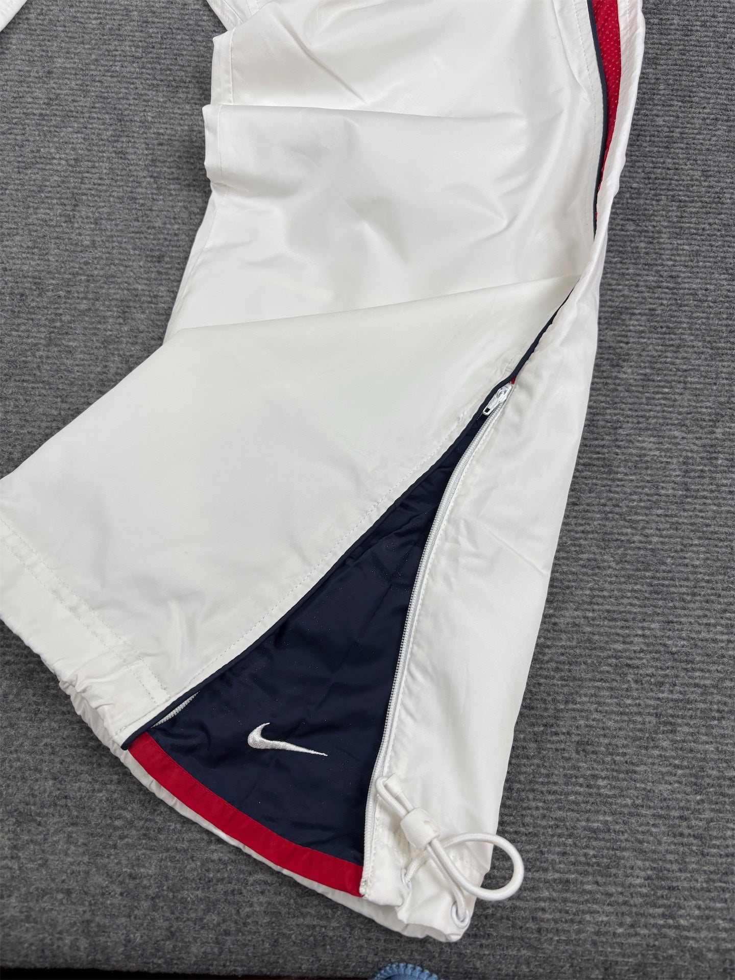 Vintage Y2K Nike Track Pants Size L White Red Detail Wide Leg Bungee Waist Ankle Zip