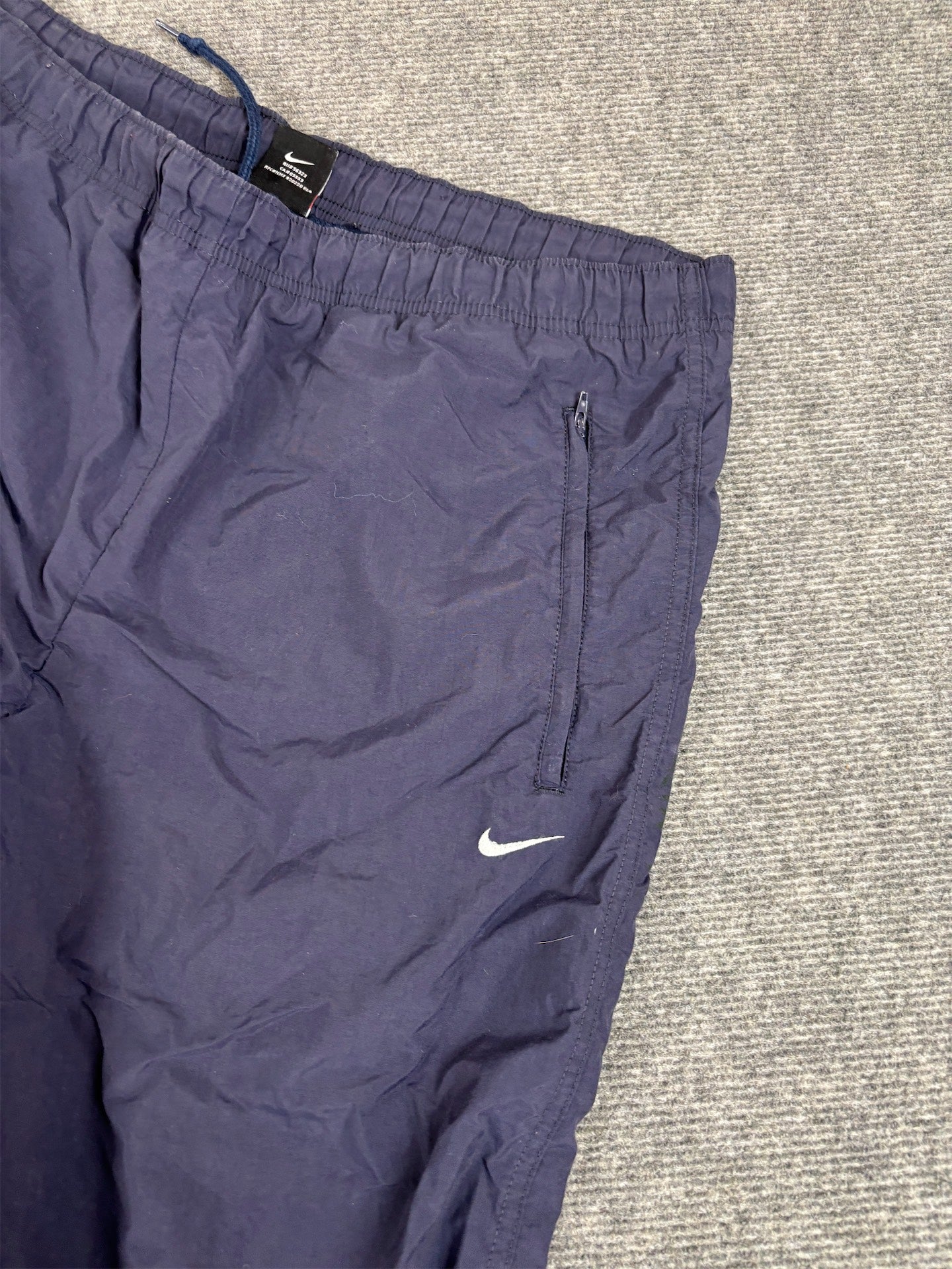 Vintage 90s Nike Track Pants Men’s L Navy Nylon Wide Leg White Swoosh Windbreakers