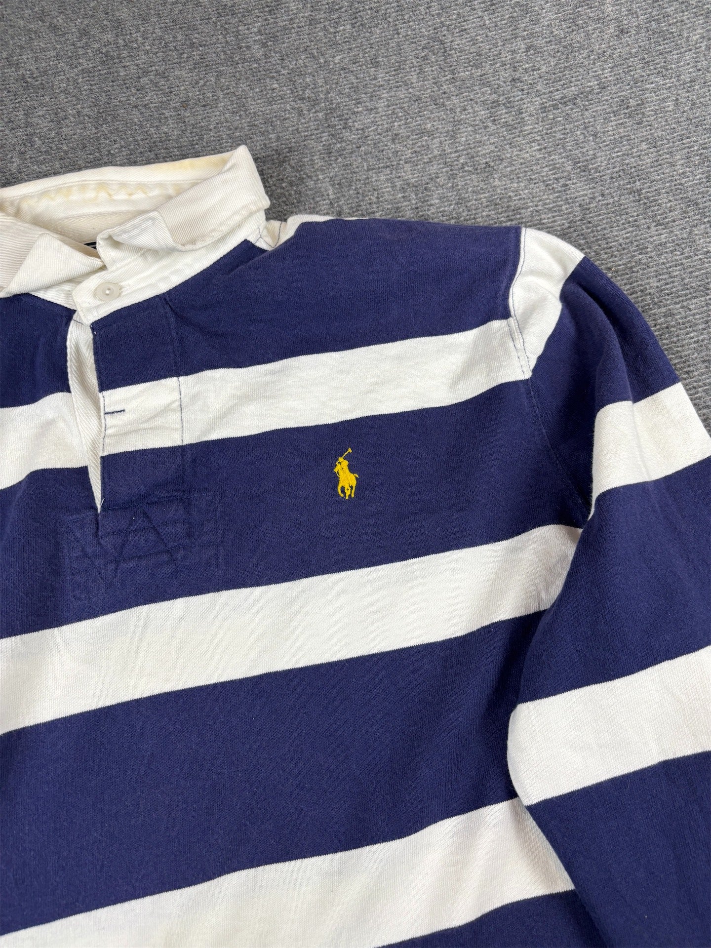 Vintage 90s Polo Ralph Lauren Rugby Polo Size XL Navy White Stripe Yellow Pony