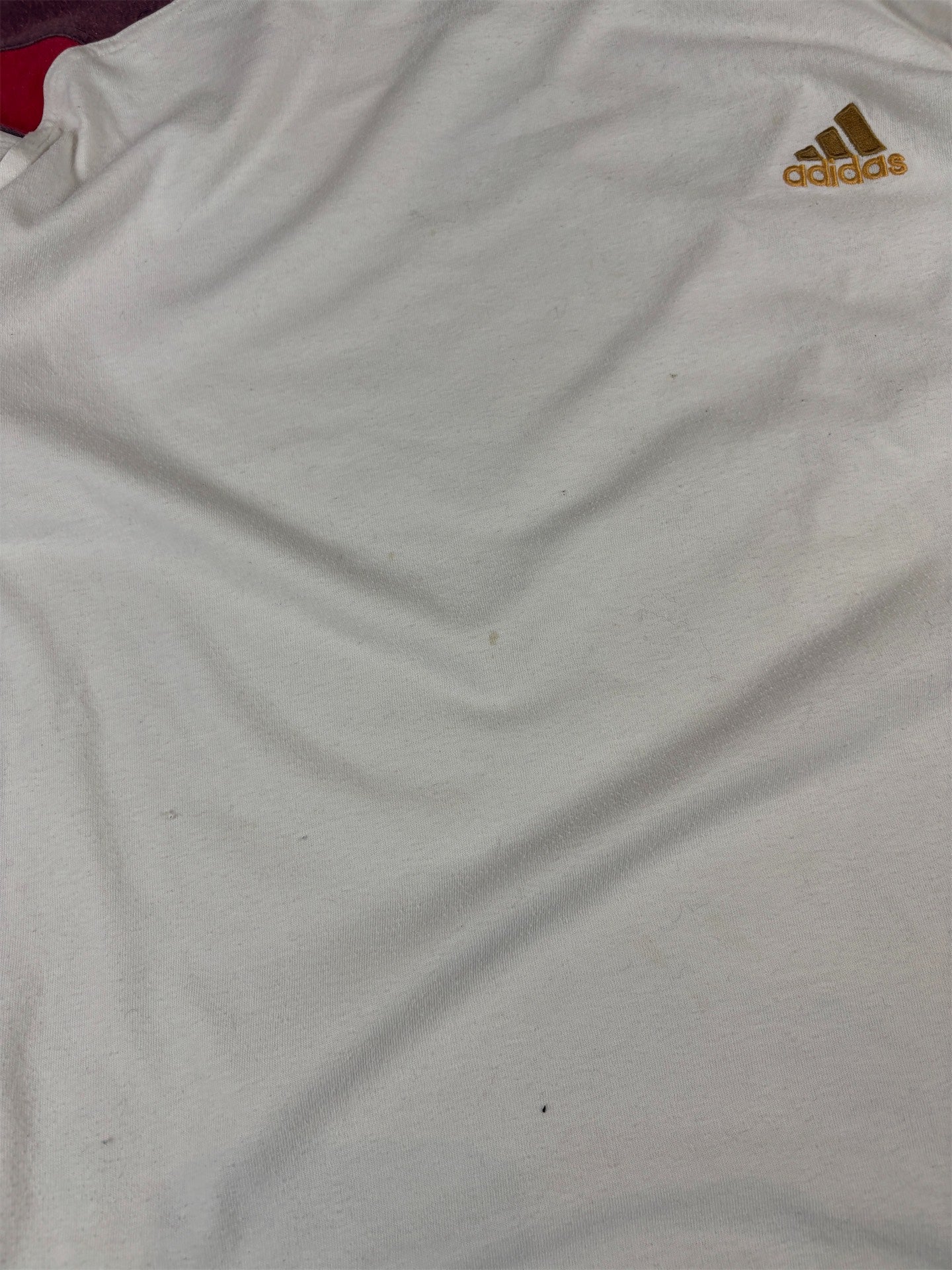 Vintage Y2K Adidas T-Shirt Size L Oversize White Brown Red Gold Logo 3 Stripes Faded