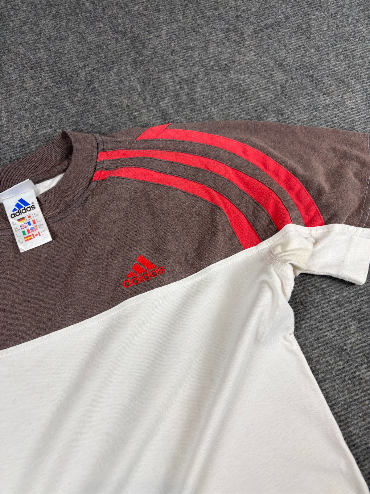 Vintage 90s Adidas T-Shirt Size L White Brown Red Logo 3 Stripes Faded Crew Neck