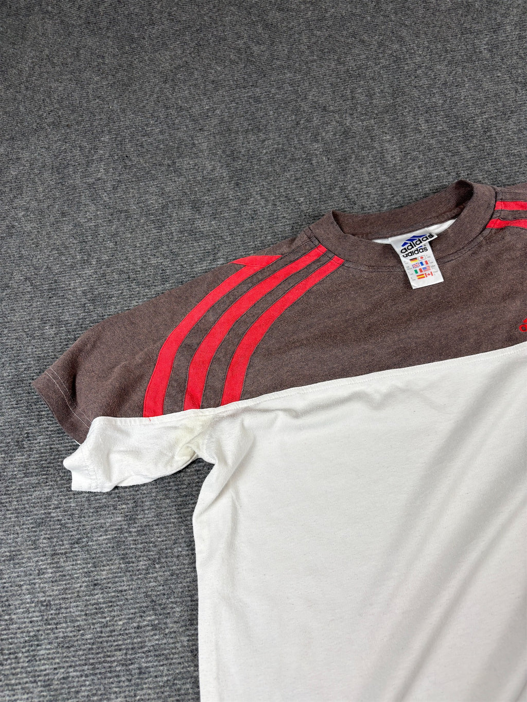 Vintage 90s Adidas T-Shirt Size L White Brown Red Logo 3 Stripes Faded Crew Neck