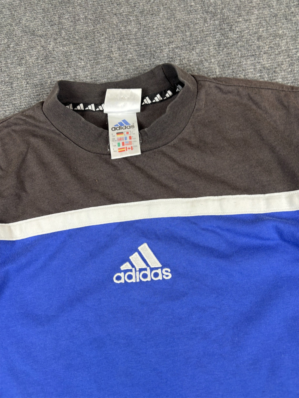 Vintage 90s Adidas T-Shirt L Navy 3 Stripe Centre Logo Crew Neck