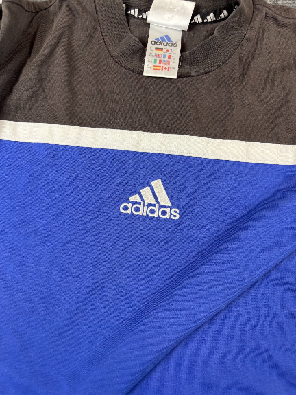 Vintage 90s Adidas T-Shirt L Navy 3 Stripe Centre Logo Crew Neck