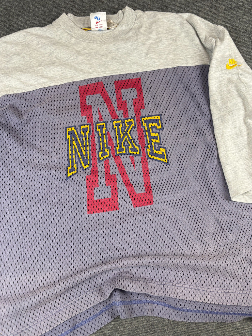 Vintage 90s Nike Raglan Jersey T-Shirt M Grey Purple Mesh Spell Out 3/4 Sleeve Rare