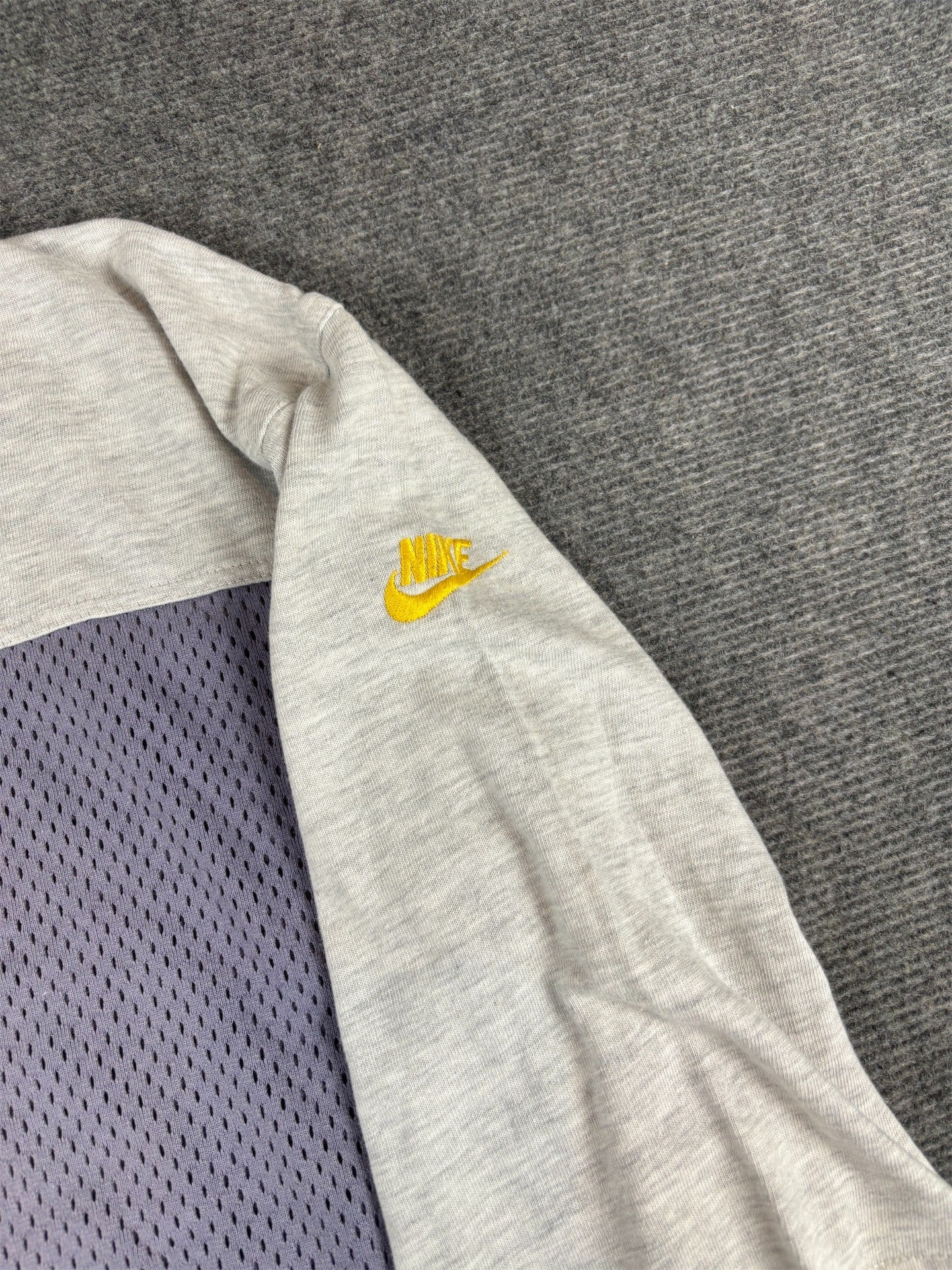Vintage 90s Nike Raglan Jersey T-Shirt M Grey Purple Mesh Spell Out 3/4 Sleeve Rare