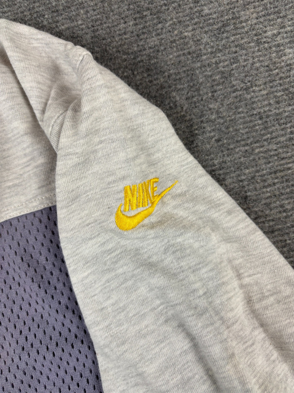 Vintage 90s Nike Raglan Jersey T-Shirt M Grey Purple Mesh Spell Out 3/4 Sleeve Rare