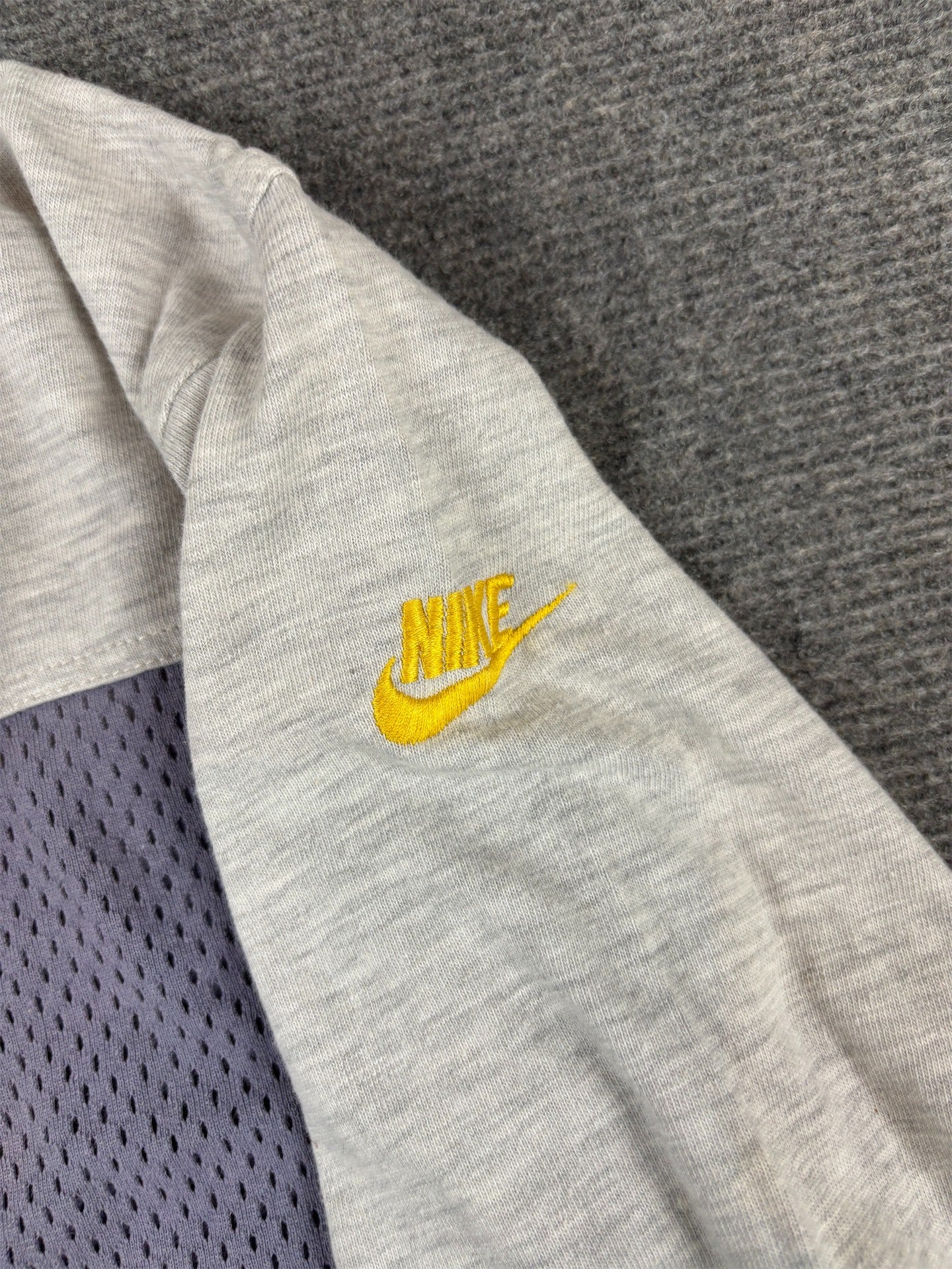 Vintage 90s Nike Raglan Jersey T-Shirt M Grey Purple Mesh Spell Out 3/4 Sleeve Rare