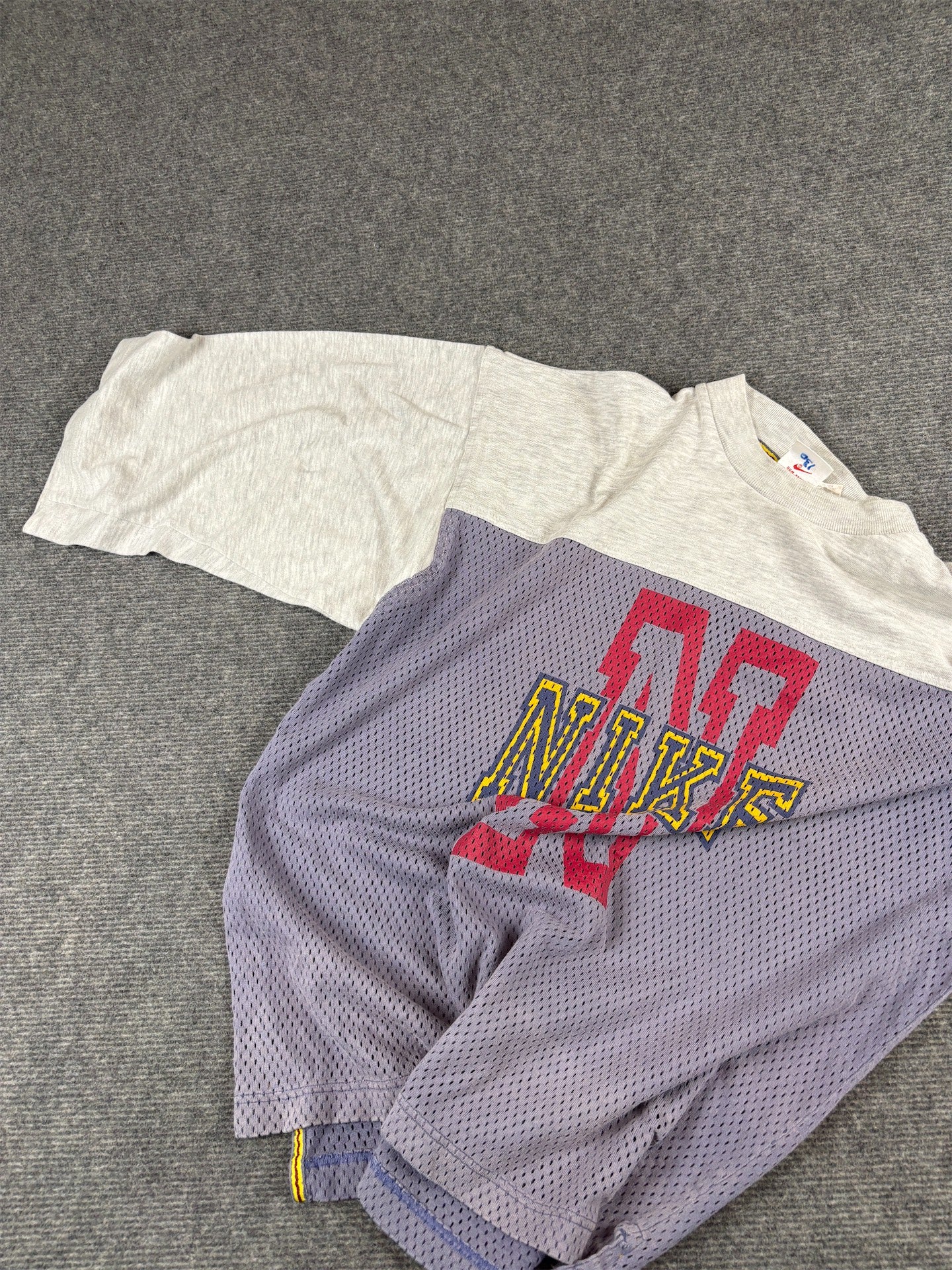 Vintage 90s Nike Raglan Jersey T-Shirt M Grey Purple Mesh Spell Out 3/4 Sleeve Rare