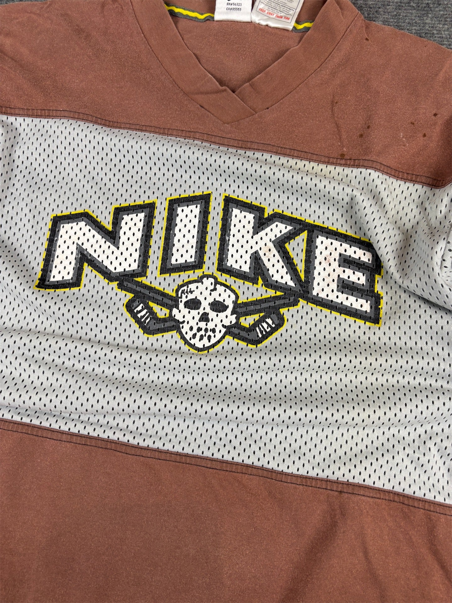 Vintage 90s Nike Jersey T-Shirt Size S Brown Grey Mesh Hockey Mask Graphic Rare