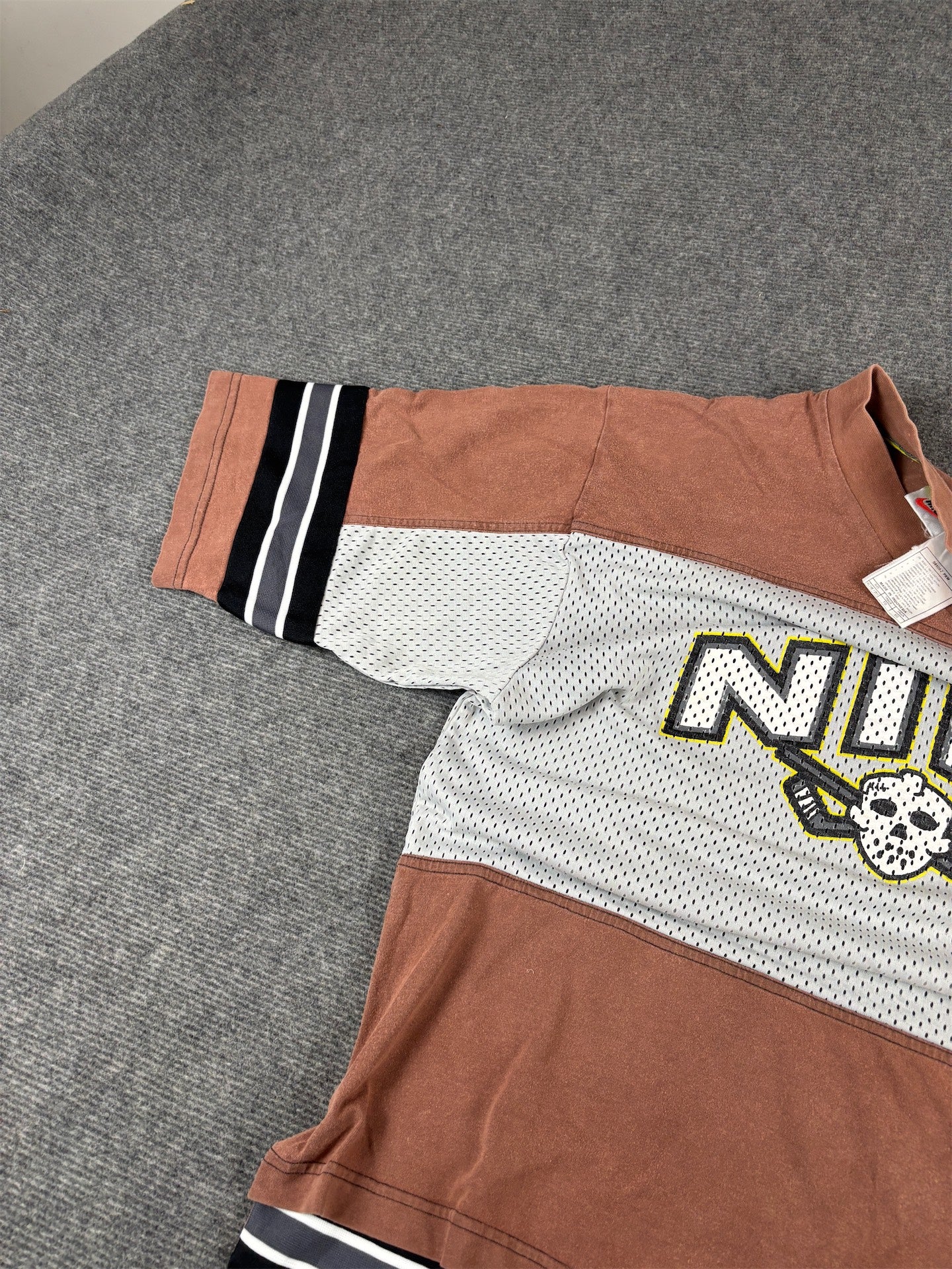 Vintage 90s Nike Jersey T-Shirt Size S Brown Grey Mesh Hockey Mask Graphic Rare