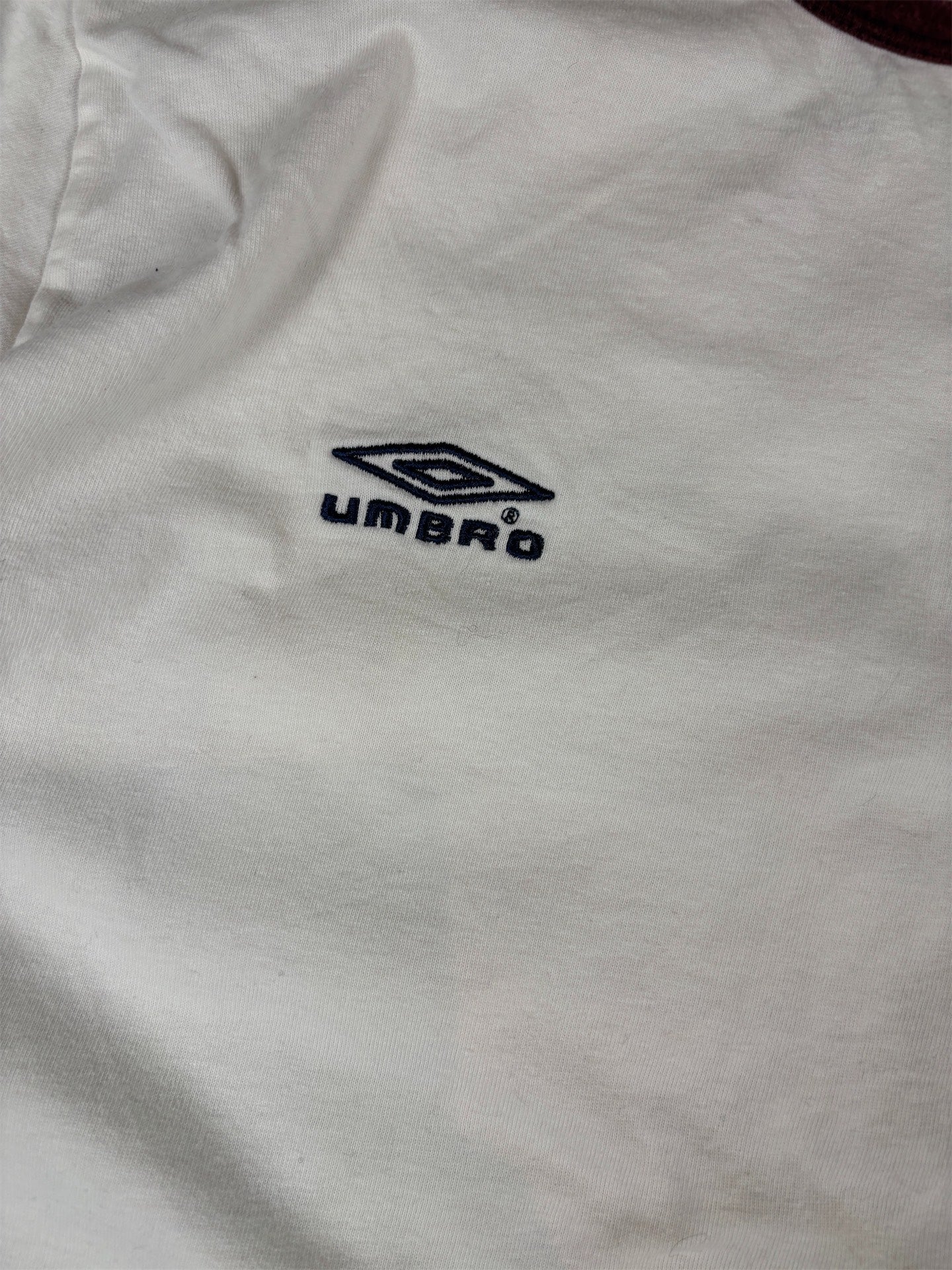 Vintage Y2K Umbro T-Shirt L White England Football Embroidered Logos UK Flag Ringer Style