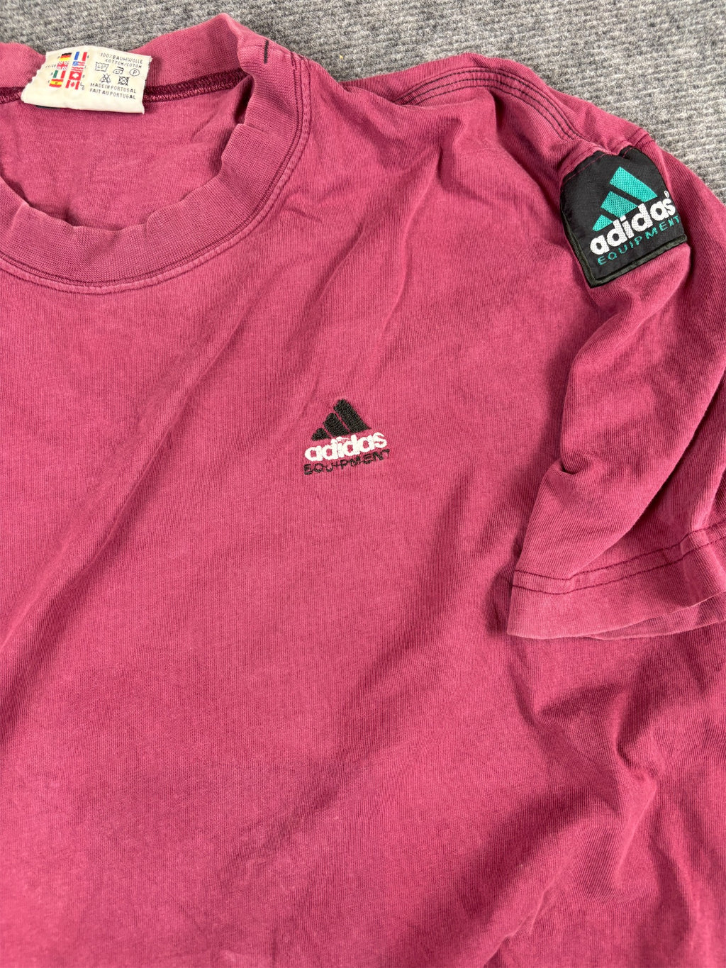 Vintage 90s Adidas Equipment T-Shirt L Red Cotton Chest + Arm Logo Maroon Red