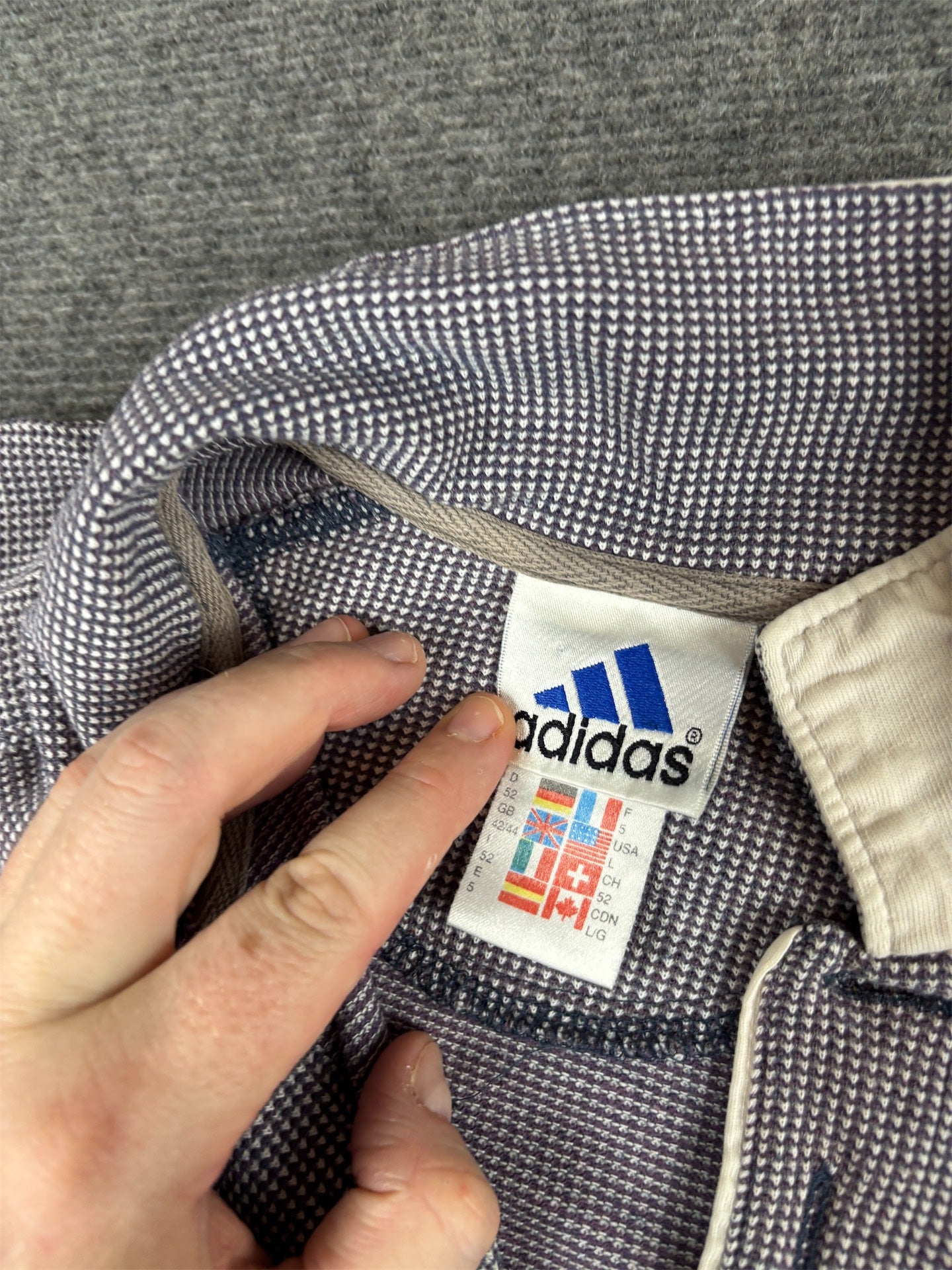 Vintage 90s Adidas Polo Size L Grey Red Cotton Textured Badge Logo