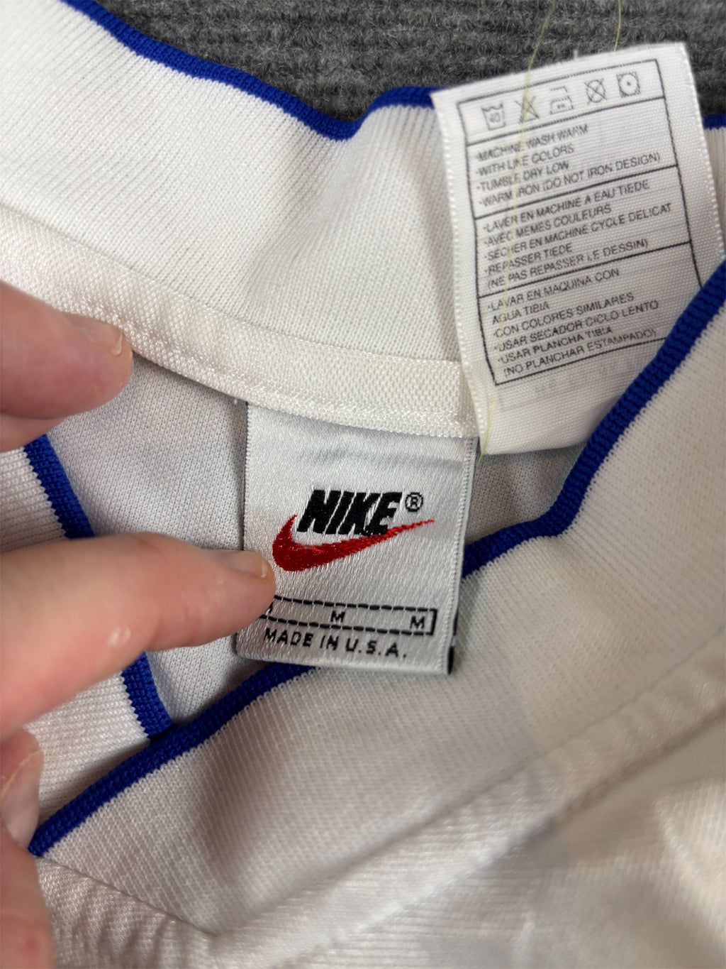 Vintage 90s Nike Jersey M White Blue Cotton Long Sleeve V-Neck