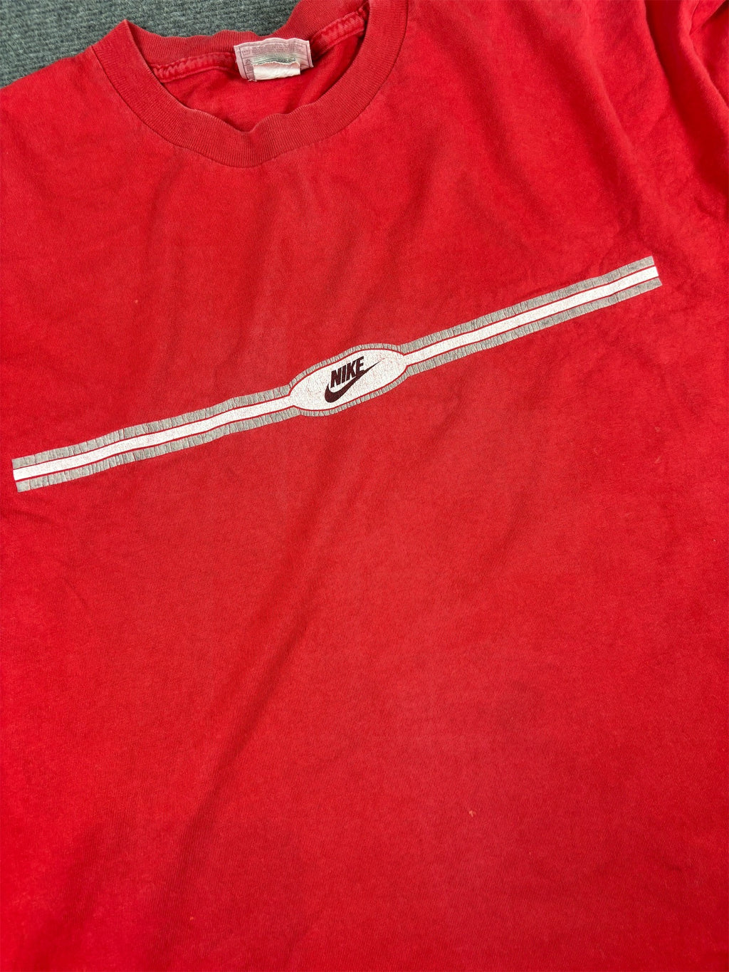 Vintage 90s Nike T-Shirt XL Red Cotton Centre Logo White Grey Crew Neck