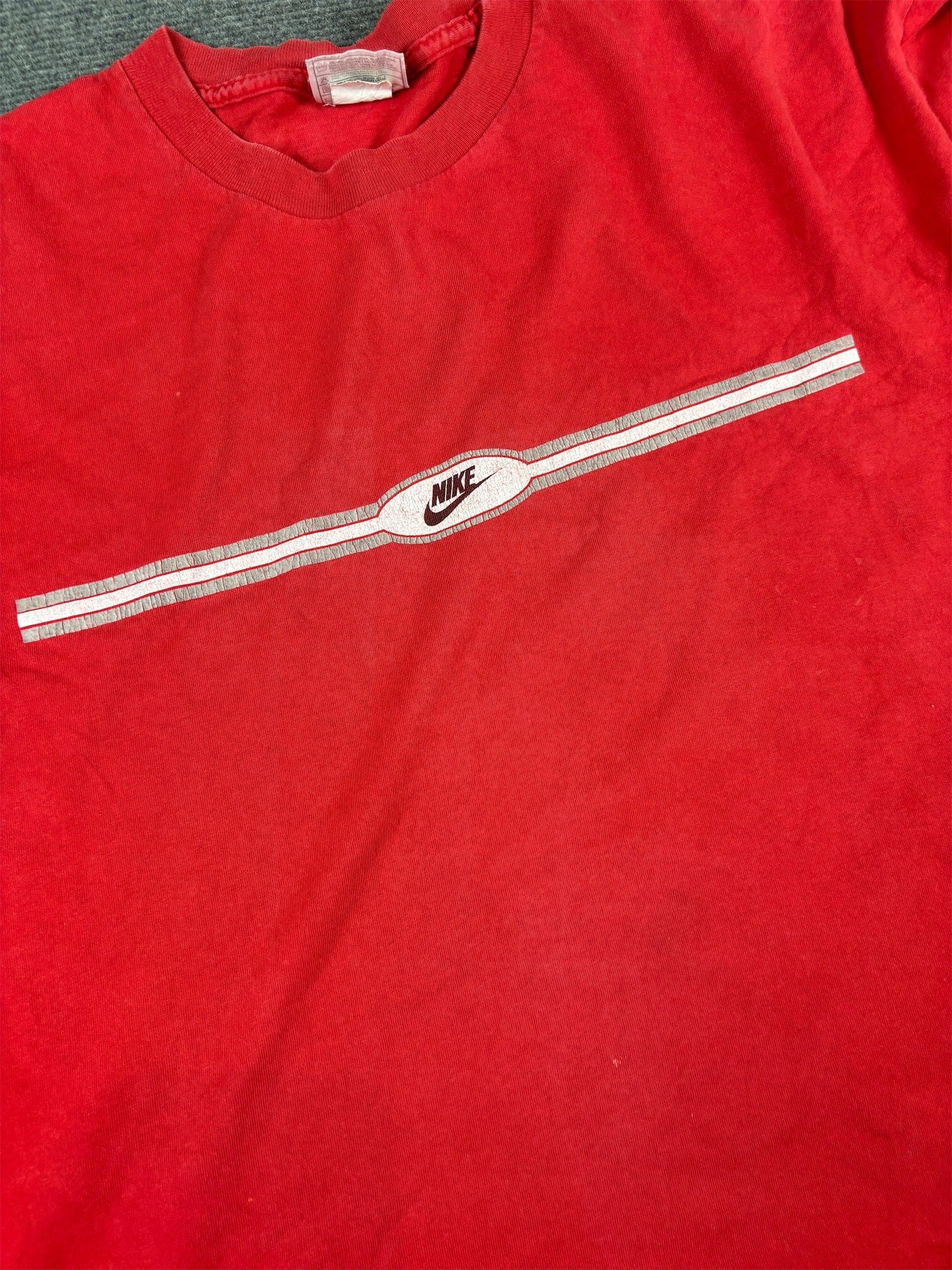 Vintage 90s Nike T-Shirt XL Red Cotton Centre Logo White Grey Crew Neck