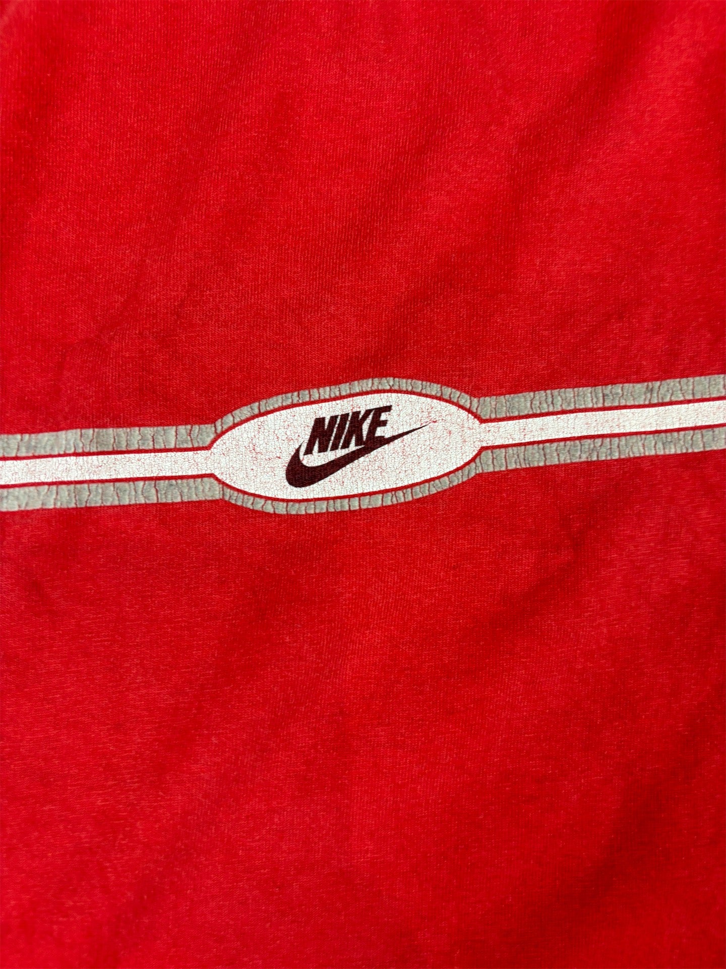 Vintage 90s Nike T-Shirt XL Red Cotton Centre Logo White Grey Crew Neck