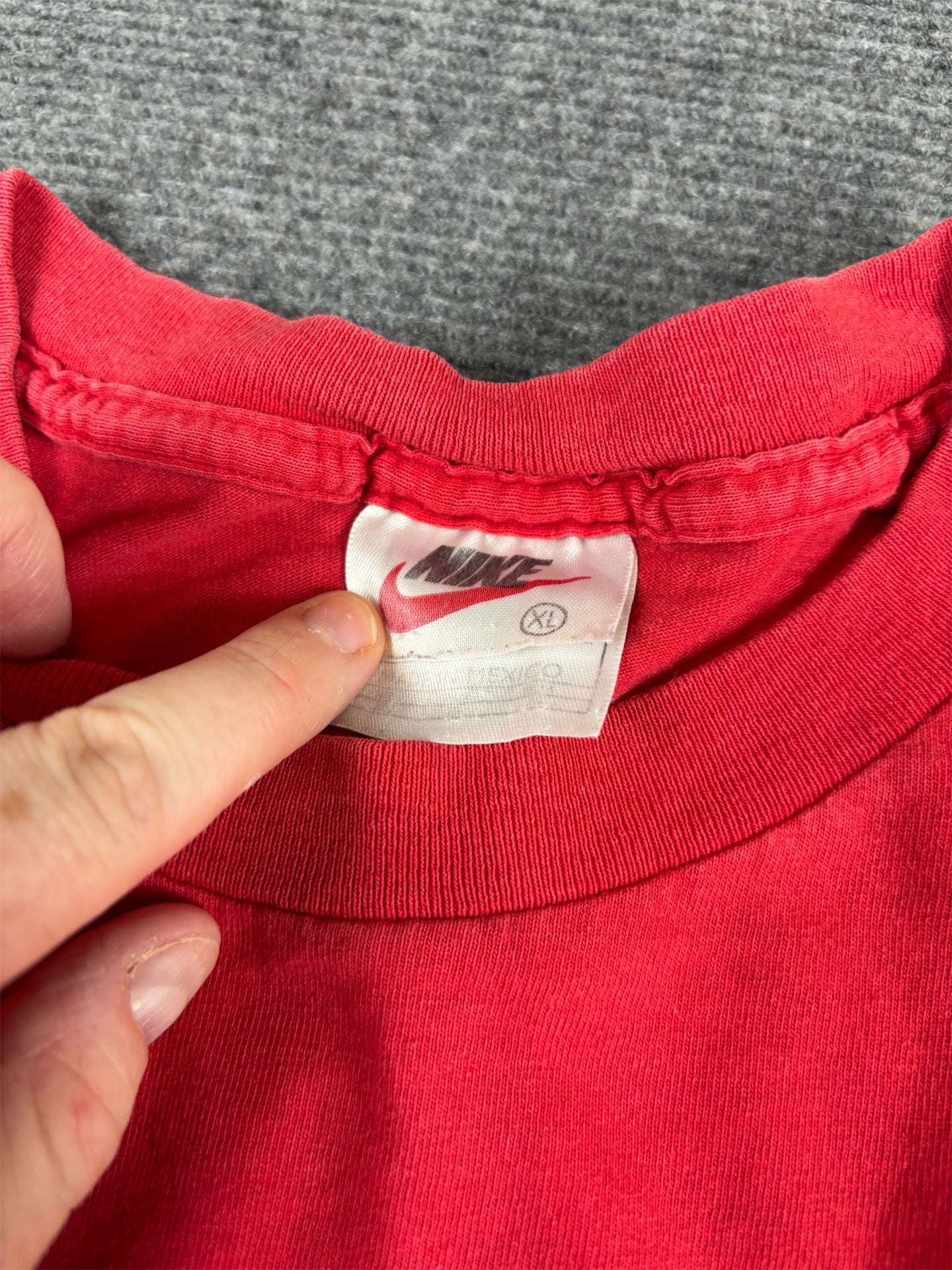 Vintage 90s Nike T-Shirt XL Red Cotton Centre Logo White Grey Crew Neck